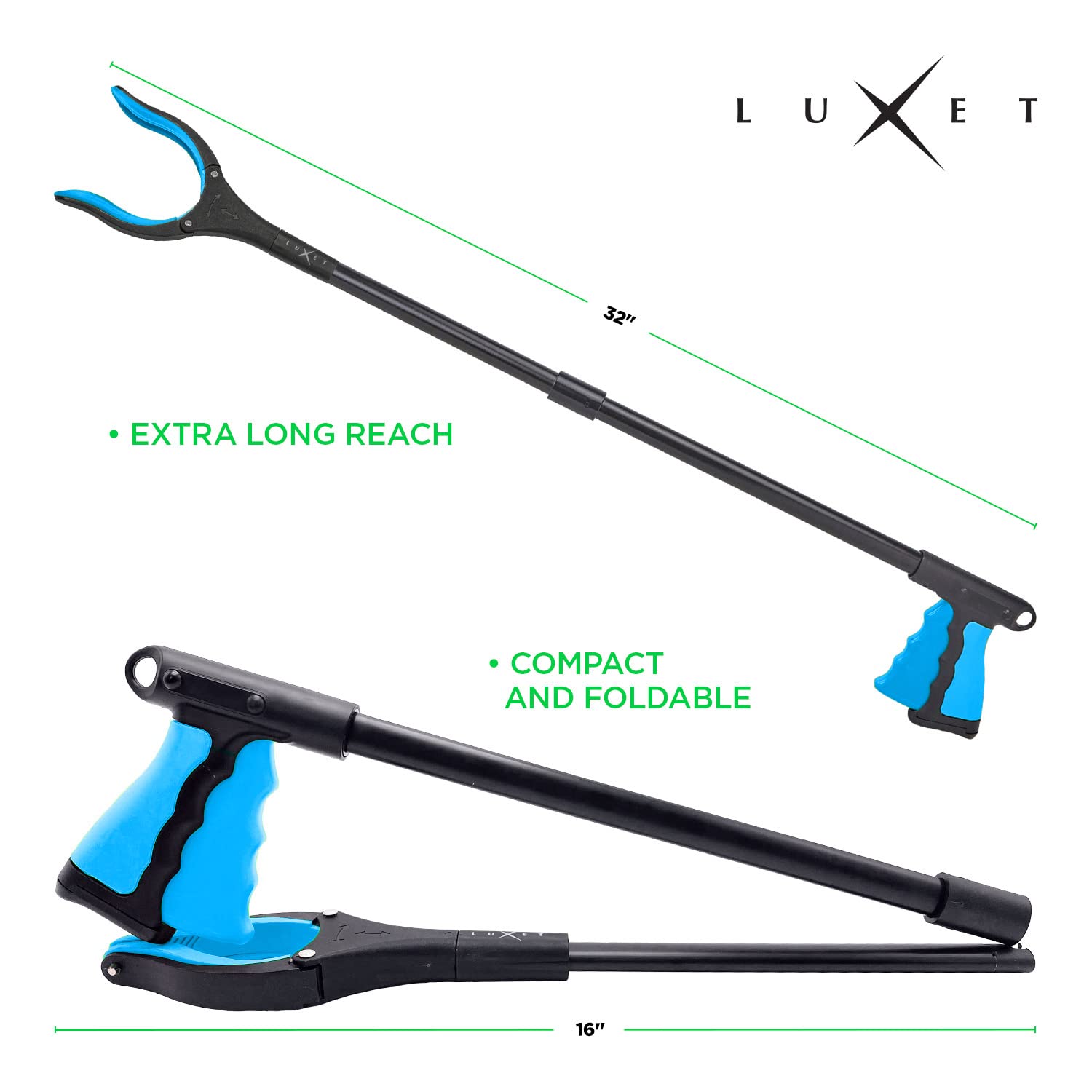 Luxet Greifzange – 2 Stück – Neueste Version lang, 81,3 cm, faltbarer Greifstab, starker Griff, magnetische Spitze, leicht, Müllgreifer, Krallengreifer, Greifwerkzeug, ältere Menschen, Blau