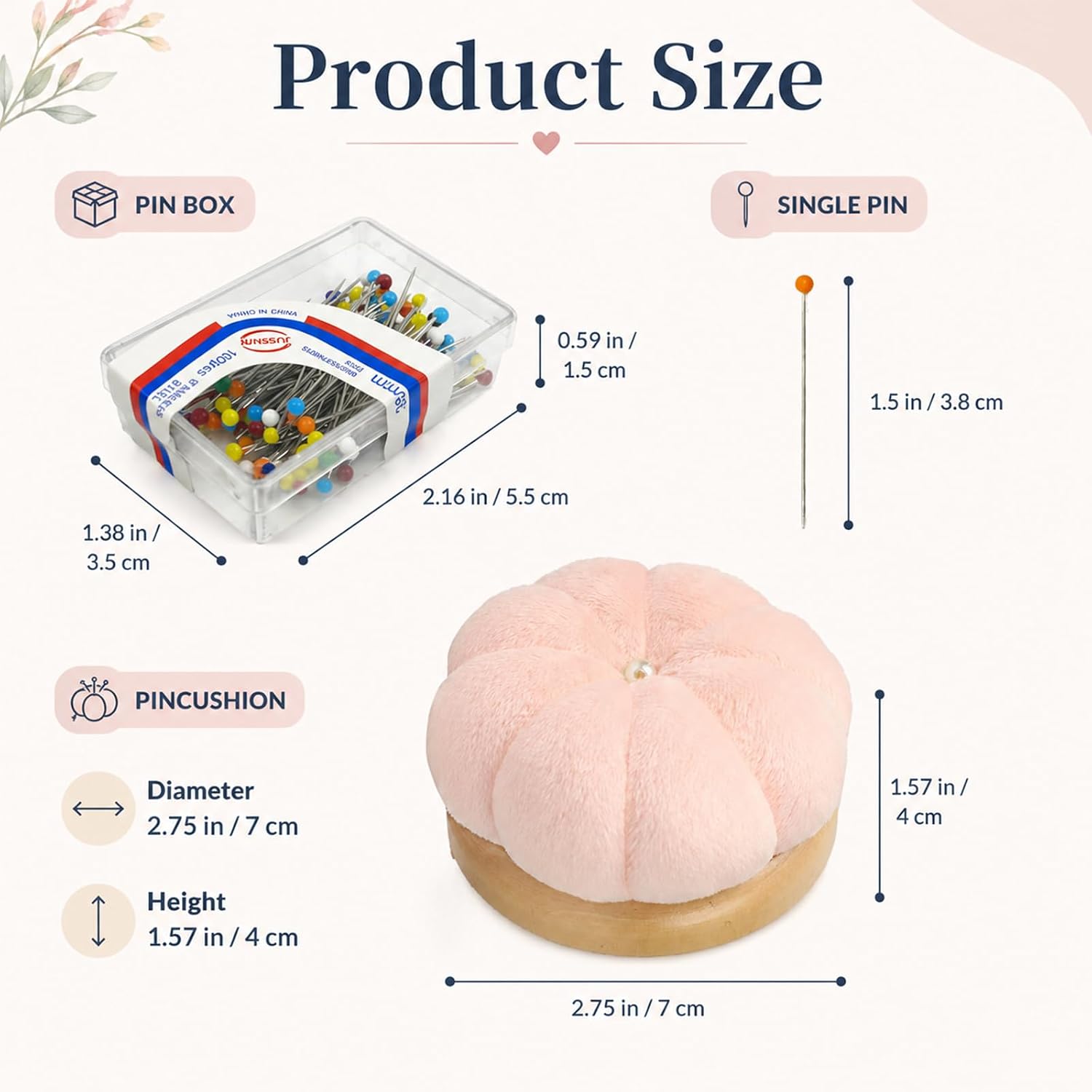 Hilltian Pin Cushion for Sewing, Wooden Base Sewing Pincushion with 100 Plastic Head Pins, Cute Pins Holder for Sewing Quilting (Light Pink)