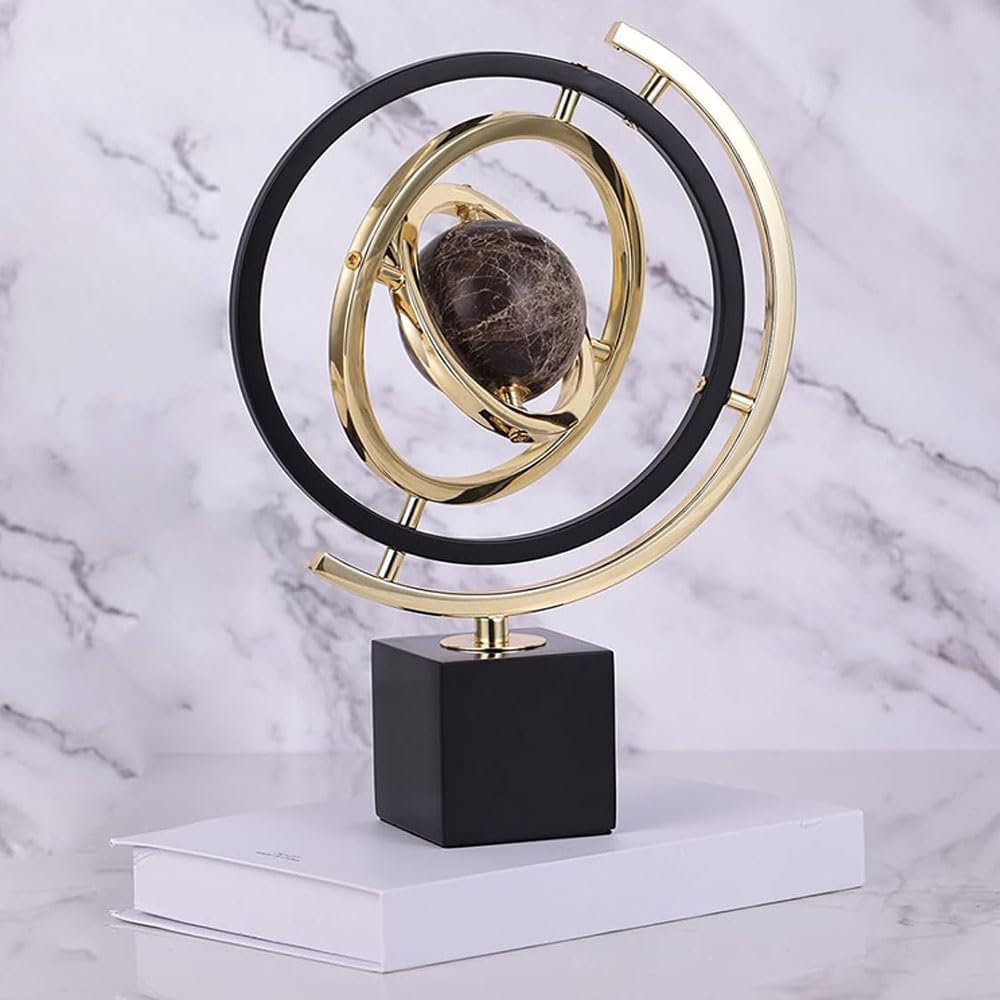 Goldene Globus-Dekoration, moderne abstrakte Kunstdekoration, Skulpturen, Heimdekoration, groß mit rechteckigen Ständern, Heimbüro, Schreibtischdekoration, Schwarz und Gold