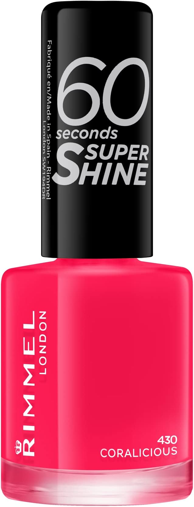 Rimmel 60 Seconds Super Shine Nail Polish, Coralicious, Quick-Dry Nail Polish, Ultra-Shiny Finish, Easy to Apply, Vibrant Colour, Long-Wearing, Clean and Improved Formula, Vegan, 8ml