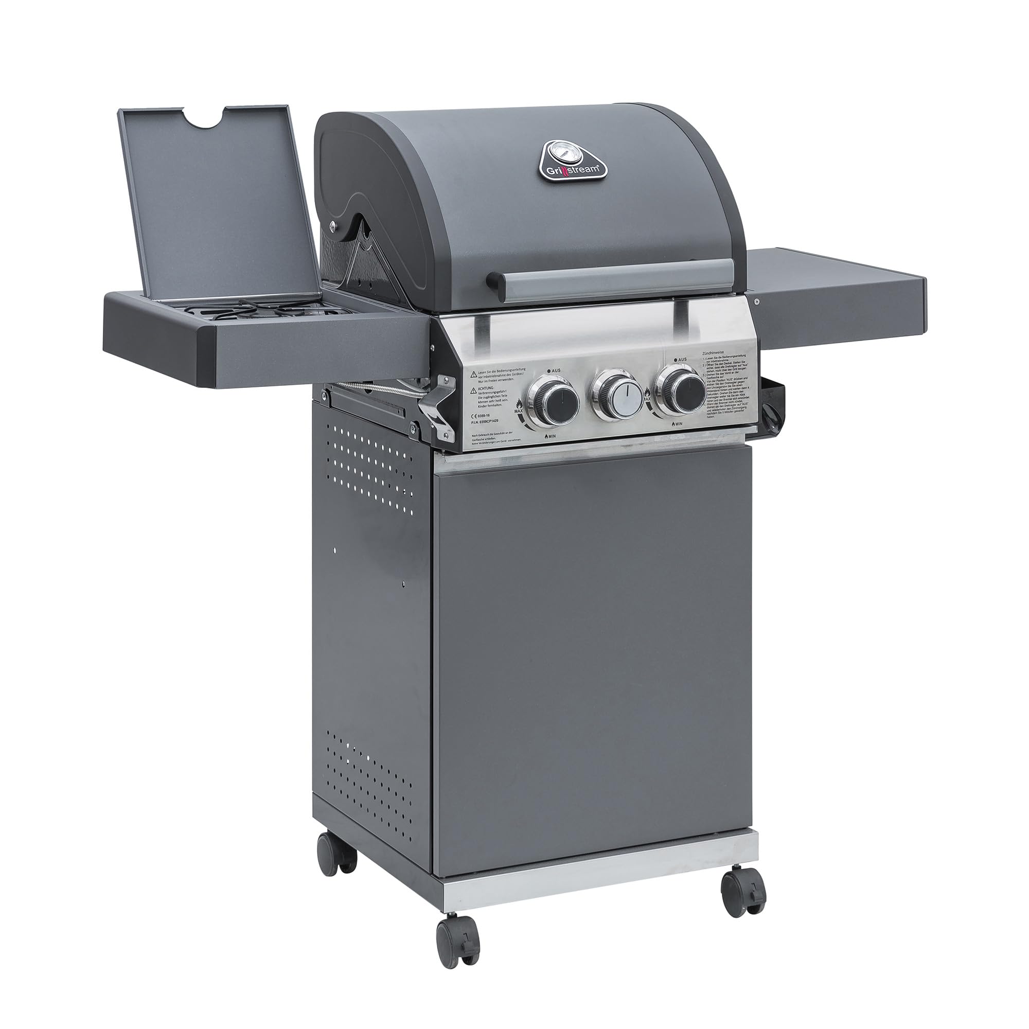 Grillstream Matt Grey Classic 2 Burner Freestanding Barbecue With Side Burner, Gas & Charcoal Hybrid Grill For Gardens, Griddle Included,
