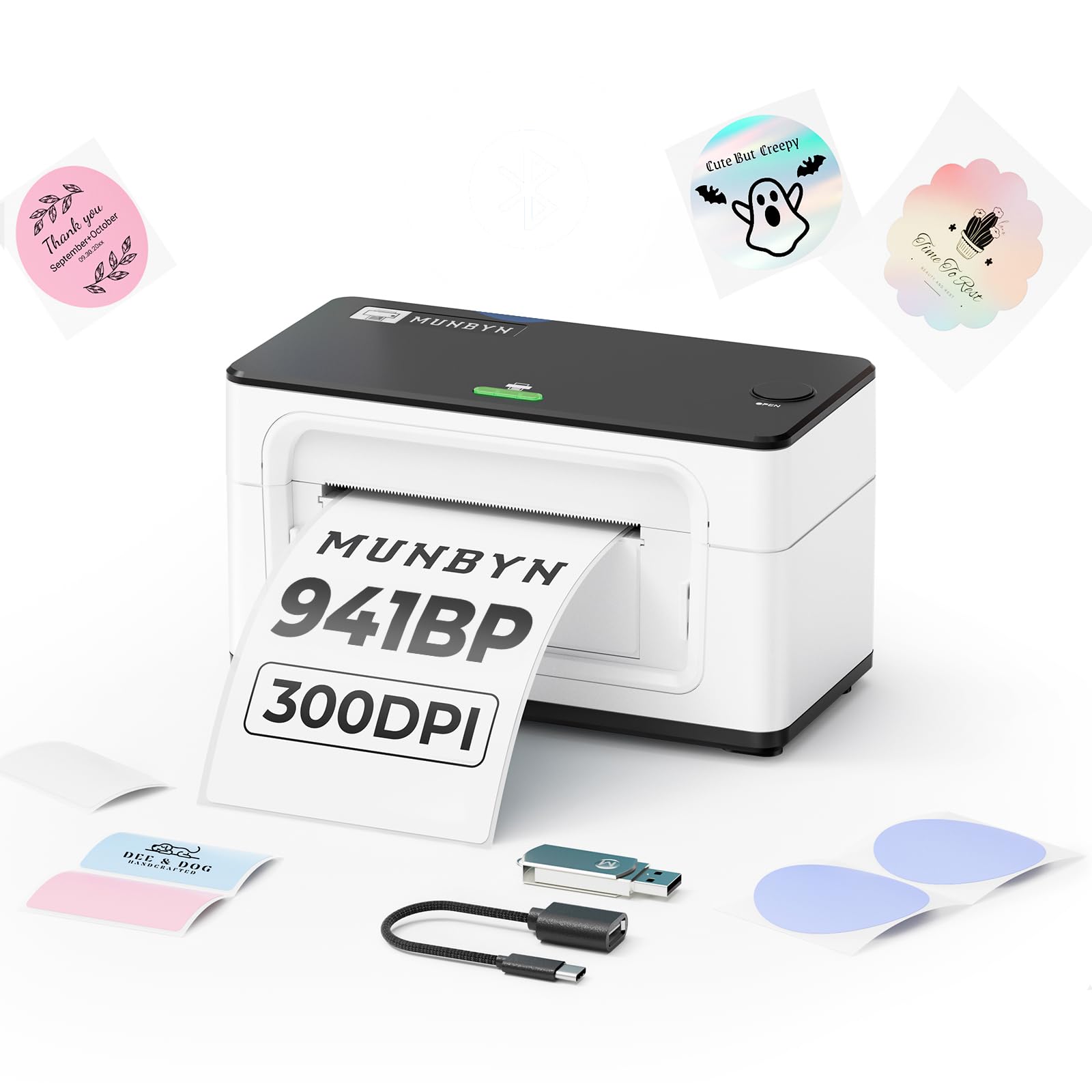 MUNBYN Bluetooth Thermal Label Printer 941B, Wireless 300DPI 4x6 Shipping Label Printer for Small Business, Compatible with Windows, Mac, iPhone, Android, PC, Ebay, Amazon, Shopify, Etsy, USPS (White)