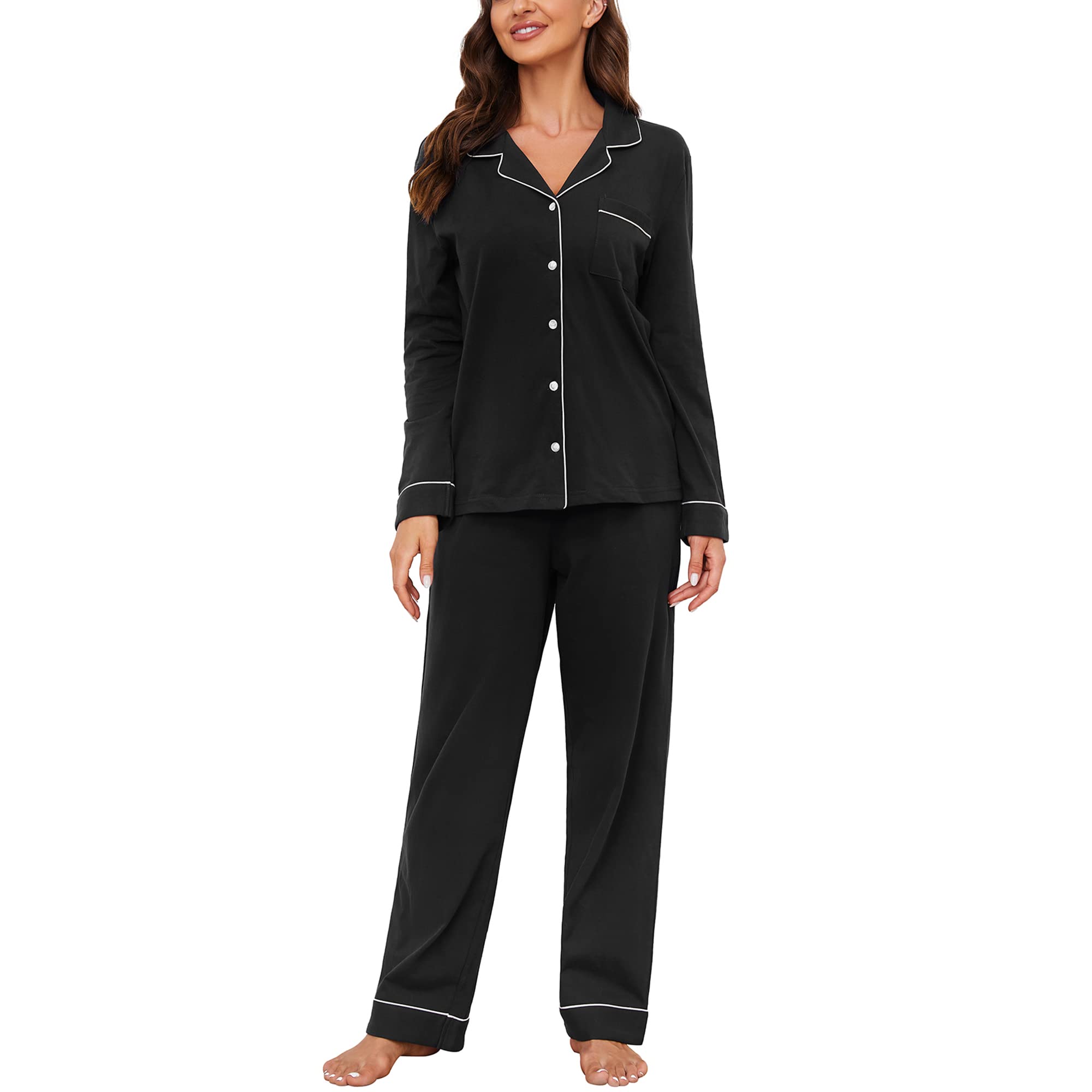 U2SKIIN Schlafanzug Damen lang 100% Baumwolle, Pyjama Damen weiche Pyjamas Set leichte Nachtwäsche Schlafanzüge für Frauen Zweiteiler Pyjama Set