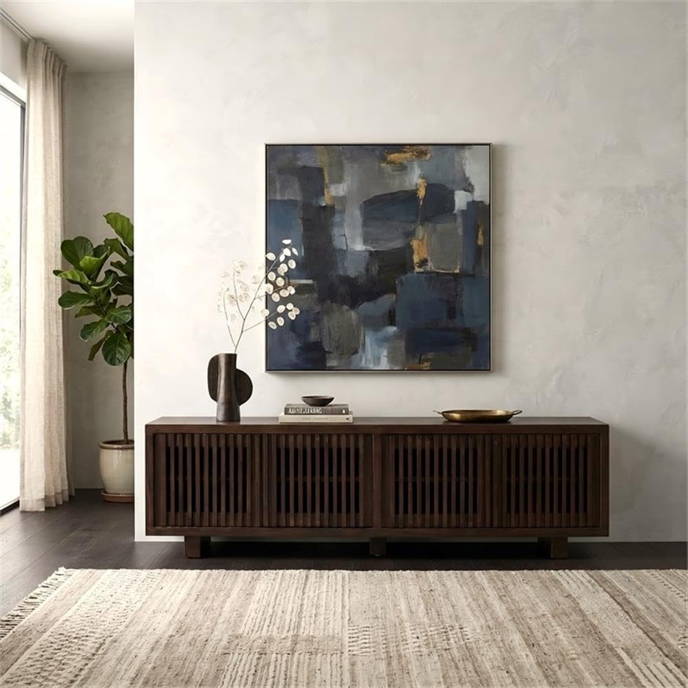 Pemberly Row Contemporary 80" TV Console, Dark Walnut Finish, Poplar Solids and Okoume Veneer, Precision-Cut Slatted Doors, Cable Management, Fixed Shelving, Modern Media Storage for Living Room