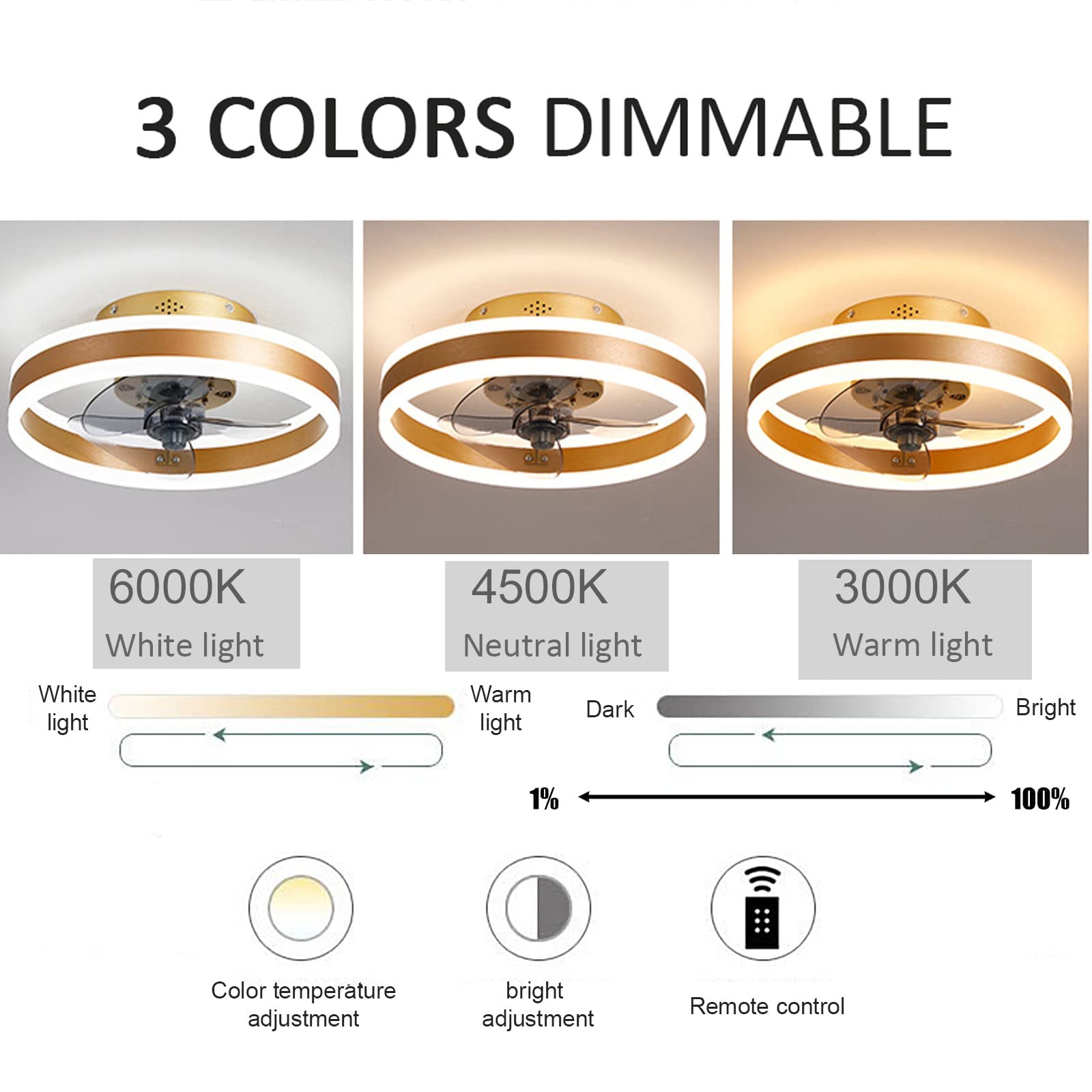 Ventilatore da soffitto reversibile con luci Ventilatore da soffitto moderno a led con telecomando Plafoniere ad anello per soggiorno Camera da letto Lampadari da salotto Fan Lampada da soffitto (bi