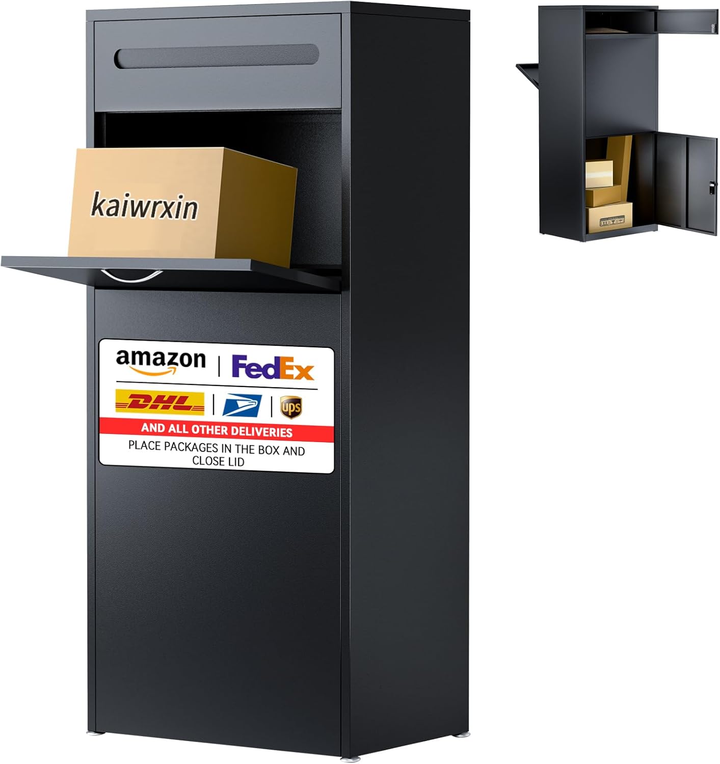 47.2" Package Delivery Box for Outside - Front-Back Black Metal Parcel Drop Box, Anti-Theft, IPX4 Waterproof, Weather-Resistant Mailbox for Porch, Fence, Curbside (Pass-Through Mailbox)