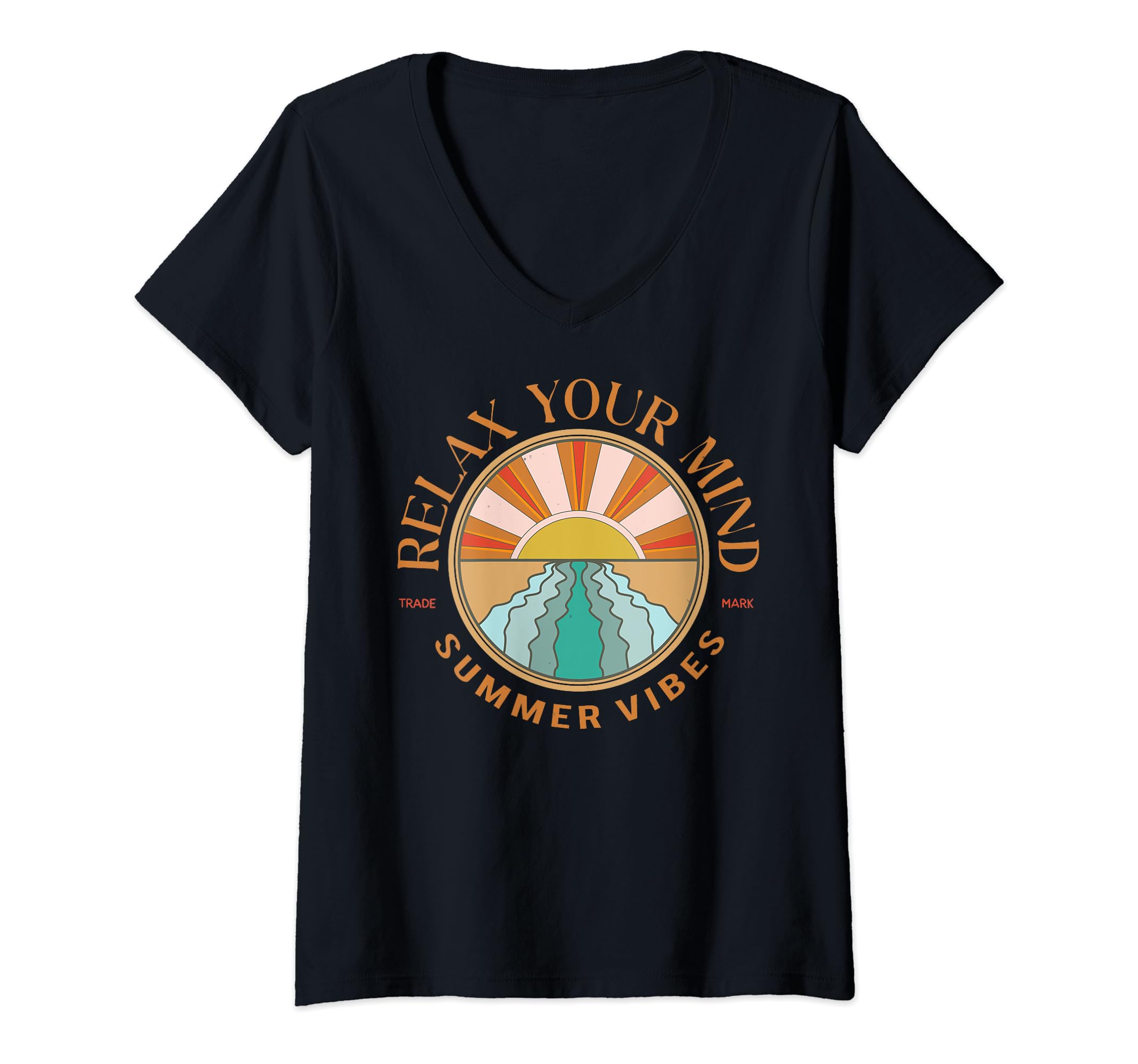 Summer Surfing Beach Sunset Palm Tree Clothing Co.Vintage Retro Beach Paradise Summer Vibes Relax Your Mind V-Neck T-Shirt
