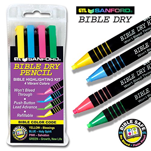 G.t. Luscombe Company, Inc. Bible Dry Highlighting Kit | No Bleed Eco-Friendly Refillable Dry Highlighters | No Sharpening | No Smearing Or Fading | Vibrant Colors Yellow, Blue, Pink, Green (Set Of 4) #TOP3