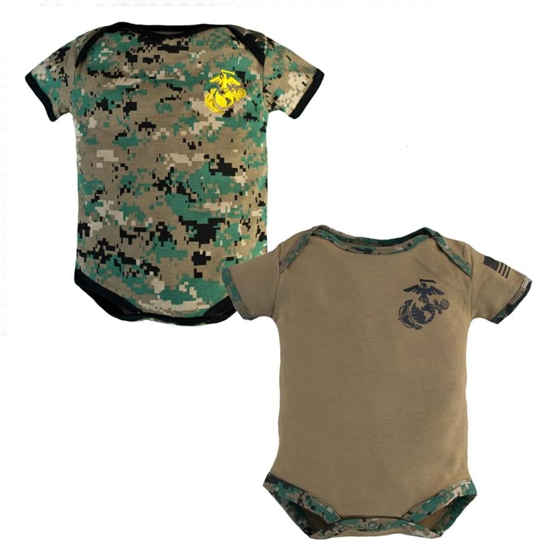 Baby TrooperUSMC Comfy Two Pack Baby Bodysuit With Marine Corps Logo (Woodland Camo - Coyote Brown, 6-9 Months)