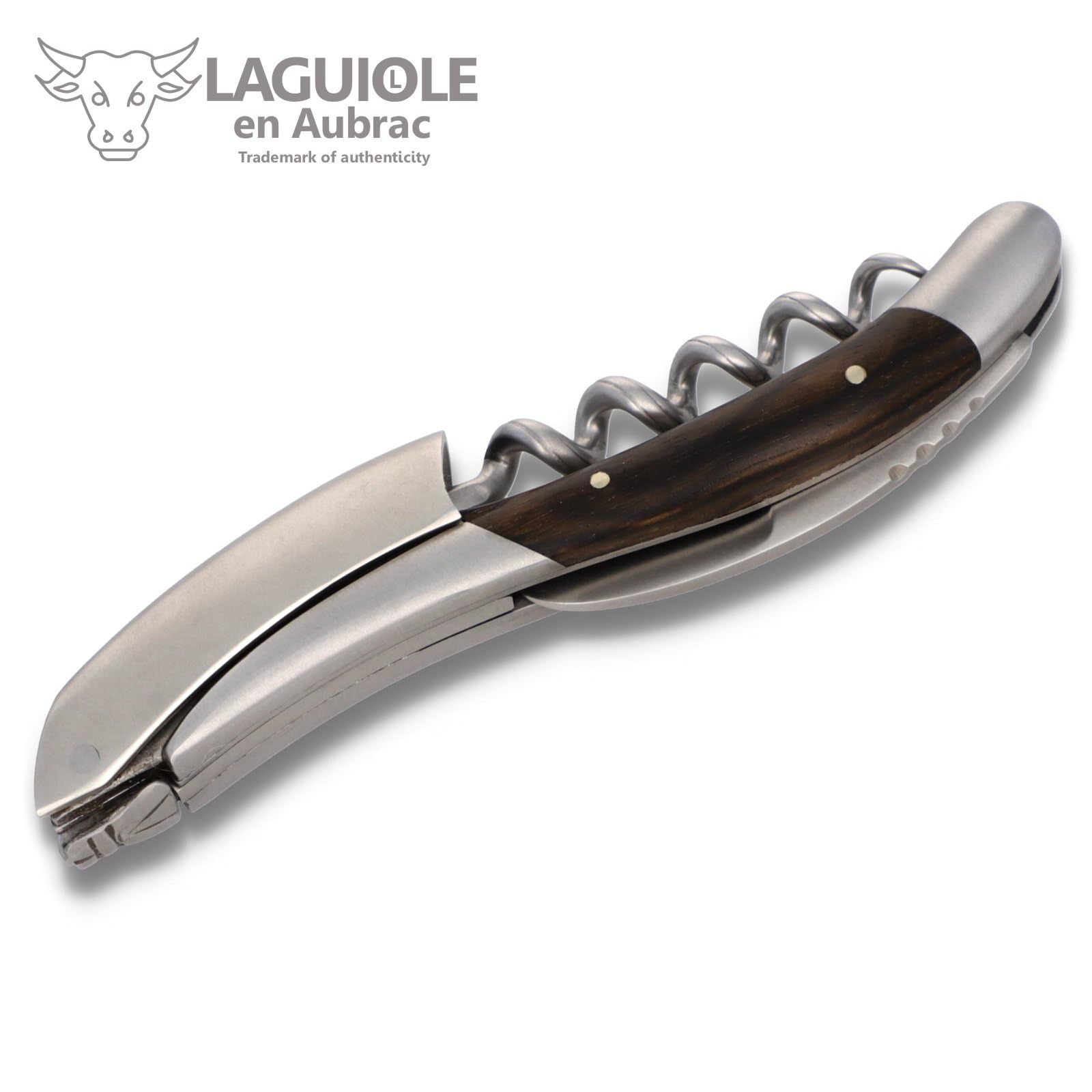 Laguiole en Aubrac Kellnermesser - Makassar Ebenholz - Edelstahl matt - Weinöffner Sommelierbesteck Korkenzieher Frankreich