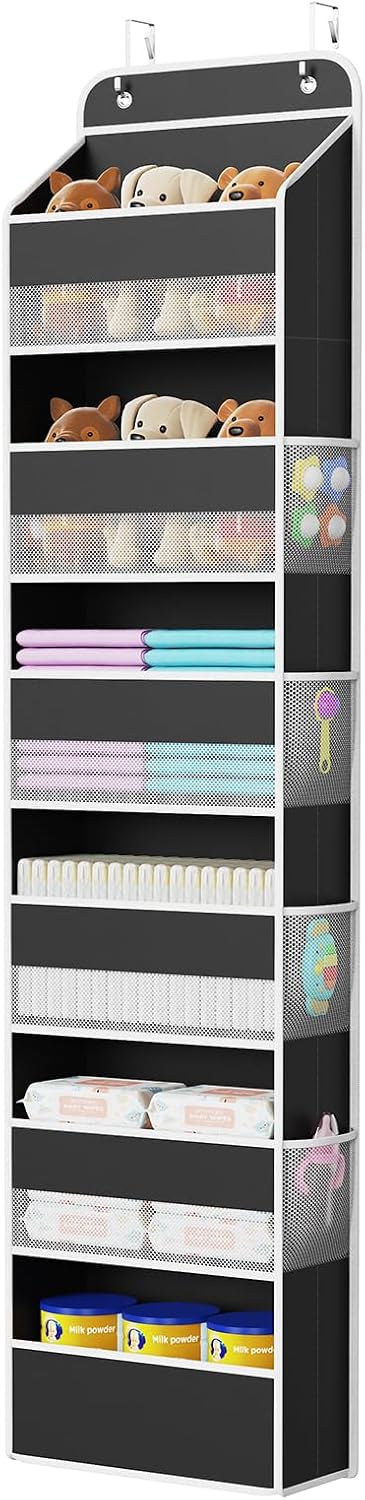 Univivi Door Hanging Organizer Nursery Closet Cabinet Baby Storage with 6 Large Compartments and 8 Side Pockets for Cosmetics, Toys and Sundries (Black)