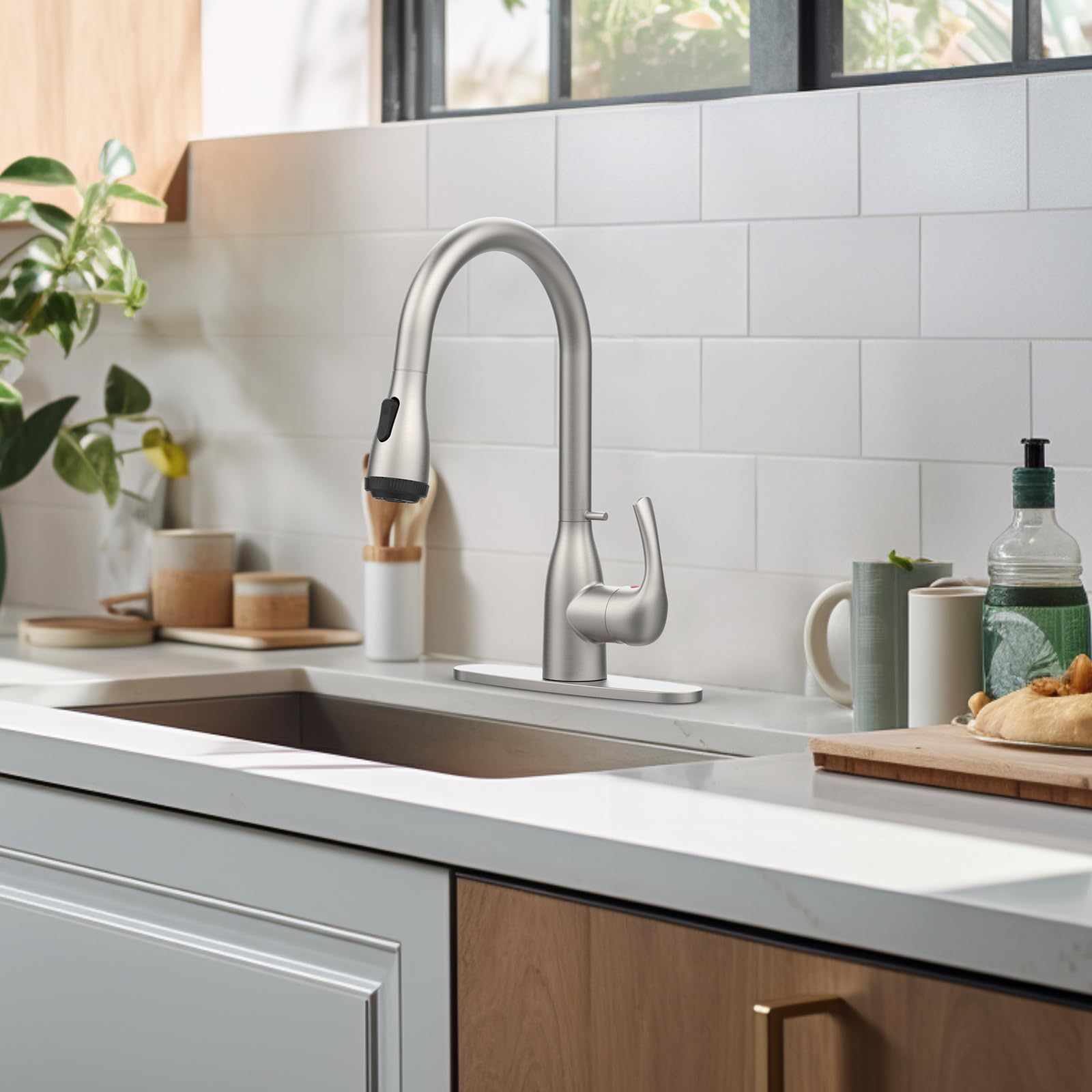 COSZWQDP Versatile Kitchen Faucet with Pull Down Sprayer Four Spraying Modes Brushed Nickel Finish for Farmhouse & Bar Sinks