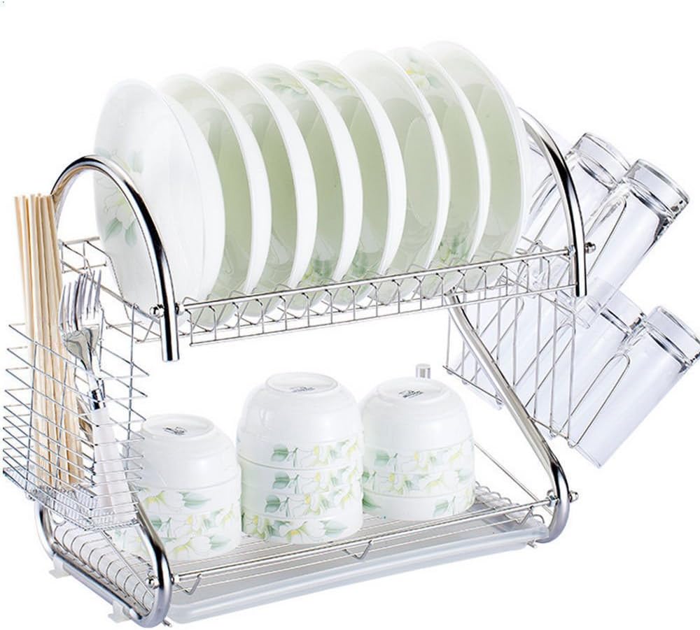 LOVER 2-Tier Chrome Dish drying Rack and DrainBoard, Kitchen Dish Cup Drying Rack Drainer Dryer Tray Cultery Holder Organizer (Cup Style)