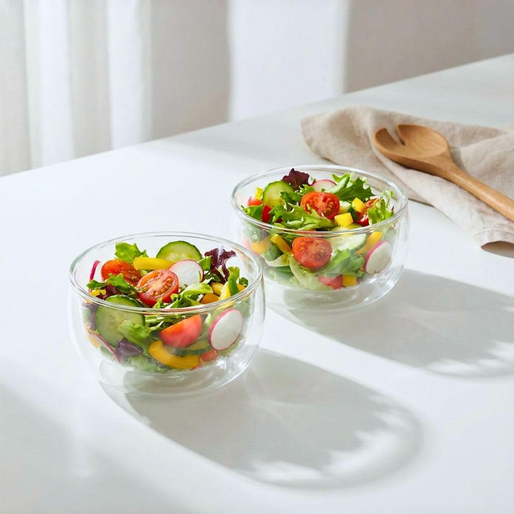 1CHASE Double Wall Borosilicate Salad, Pasta, Matcha, Rice, Soup Bowl, Hot And Cold Serving Bowls, Fruit Bowls, Set of 2 (500 ML)