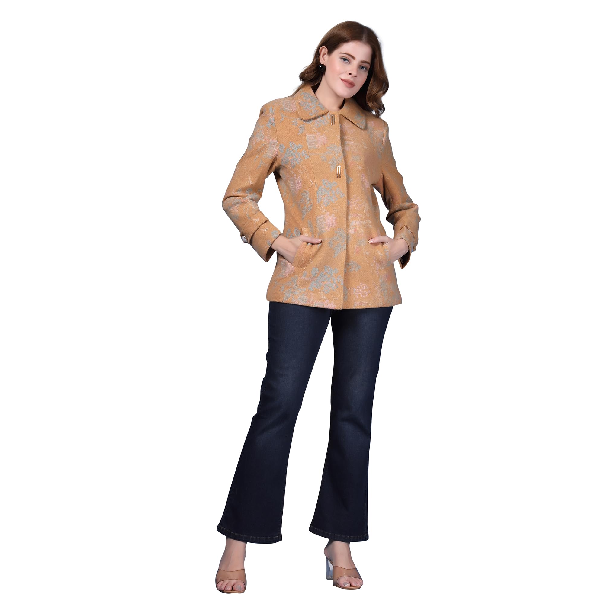 Printed Spread Collar Pea Coat Tan-image-1