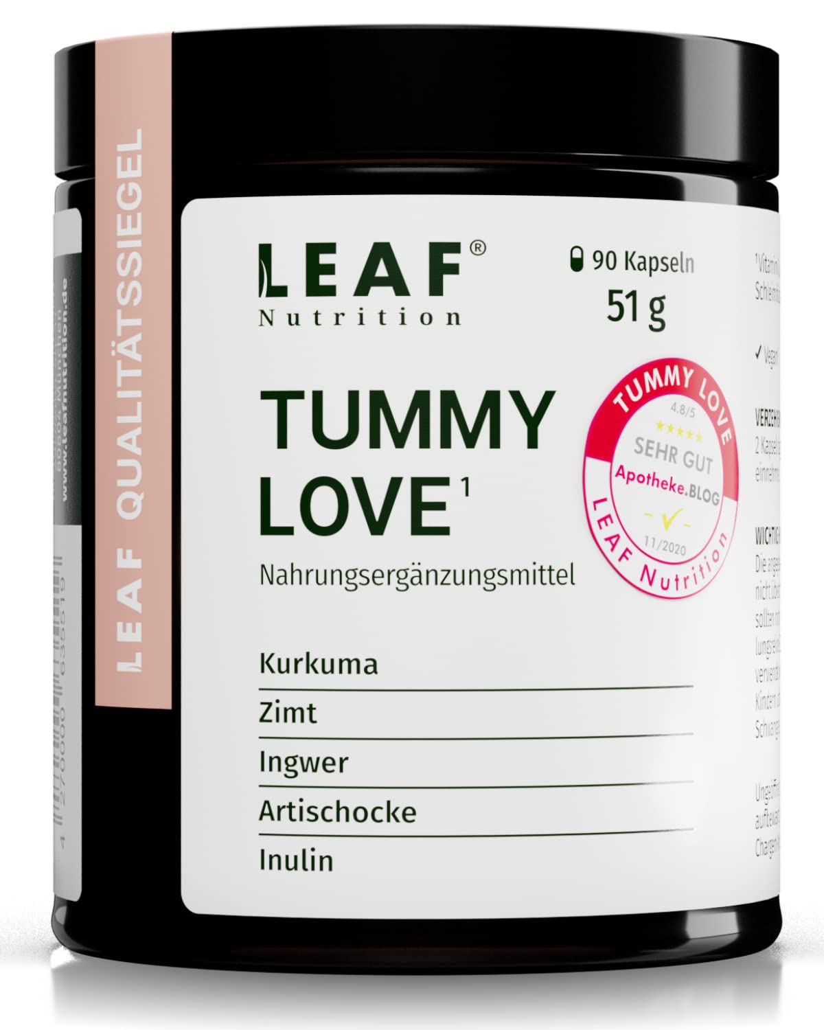 LEAF TUMMY LOVE Kapseln vegane Nahrungsergänzung mit Kurkuma, Zimt, Ingwer & Artischocke | für deine Körpermitte | 45 Tage (90 Stück) | nachhaltige Verpackung & Made in Germany