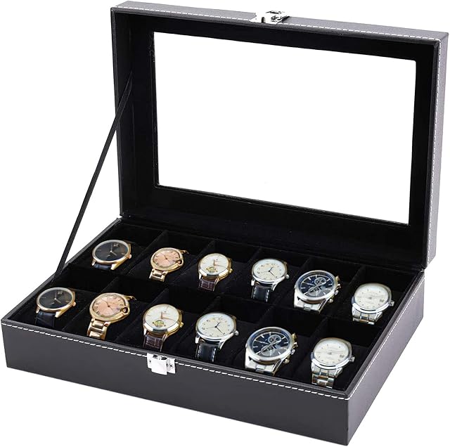 Tebery Glass Lid 12 Watch Jewellery Display Storage Box Case Bracelet Tray Faux Leather Black for Men Women