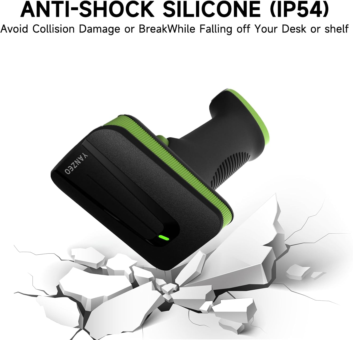 Barcode scanner falling onto a cracked surface, illustrating anti-shock feature