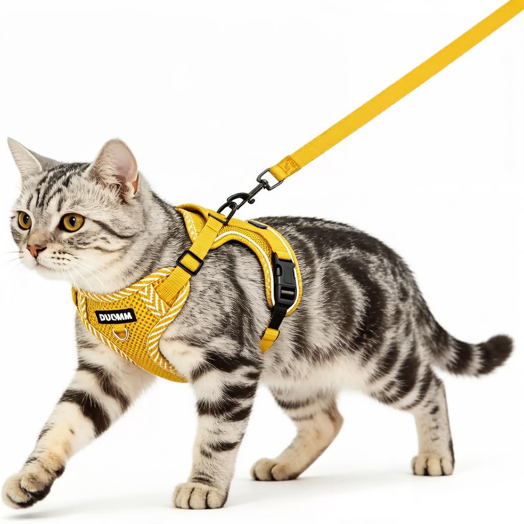 Cat Harness and Lead Set, Escape Proof Kitten Harness with Leash Adjustable Lightweight Soft Vest Harnes s with Reflective Strips, Breathable Mesh for Cats Safe Outdoor (Yellow, S)
