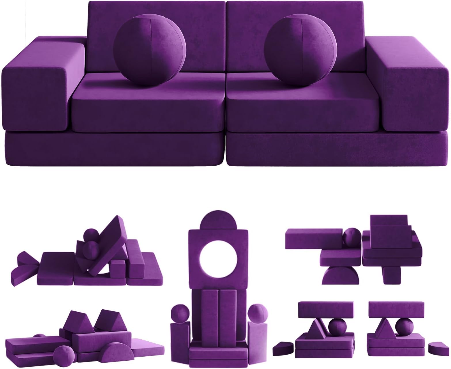 wanan Couch Kids, 12PCS Modular Kids Play Couch with 2 Balls and Tunnel, Toddler Play Couchs for Playroom, Modular Play Couchs for Kickball Game, 30+ Creative Gameplay (Purple)