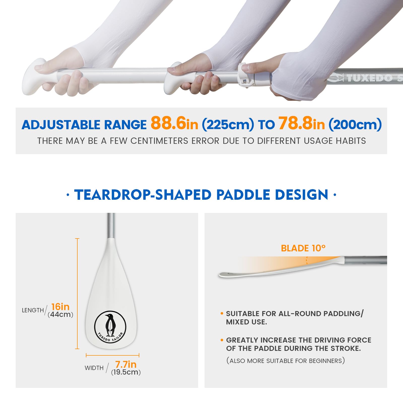 Tuxedo Sailor Pagaie de Sup – 3 pièces réglables – Planche à pagaie légère et Flottante – Durable et Pliable – Lames en Nylon renforcé – Course Efficace