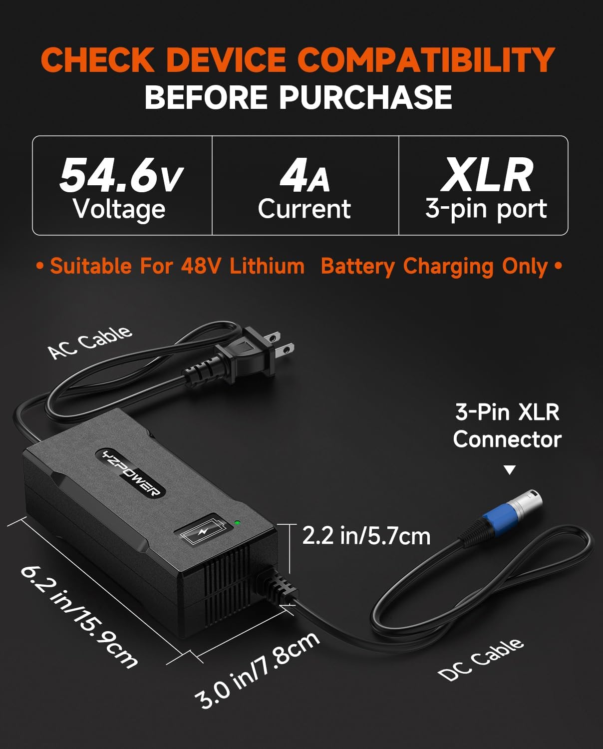 YZPOWER 48V Lithium Battery Charger 54.6V 4A Fast Charger with Turbo Cooling Fan - Overheat Protection, 3-Pin XLR Connector for Electric Bike/Scooter/E-Scooter/Electric Scooter/Ebike