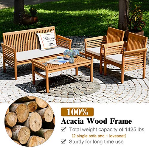 Tangkula AM3026HM 4 Piece Outdoor Acacia Wood Sofa Set With Water Resistant Cushions, Padded Patio Conversation Table Chair Set W/Coffee Table thumb #5