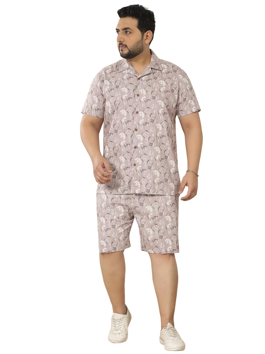 Plus Size Men Shirt Collar Pure Cotton Printed Pink Shirt and Shorts Co-Ords-Sets (JPCS83004_Pink)-image-39