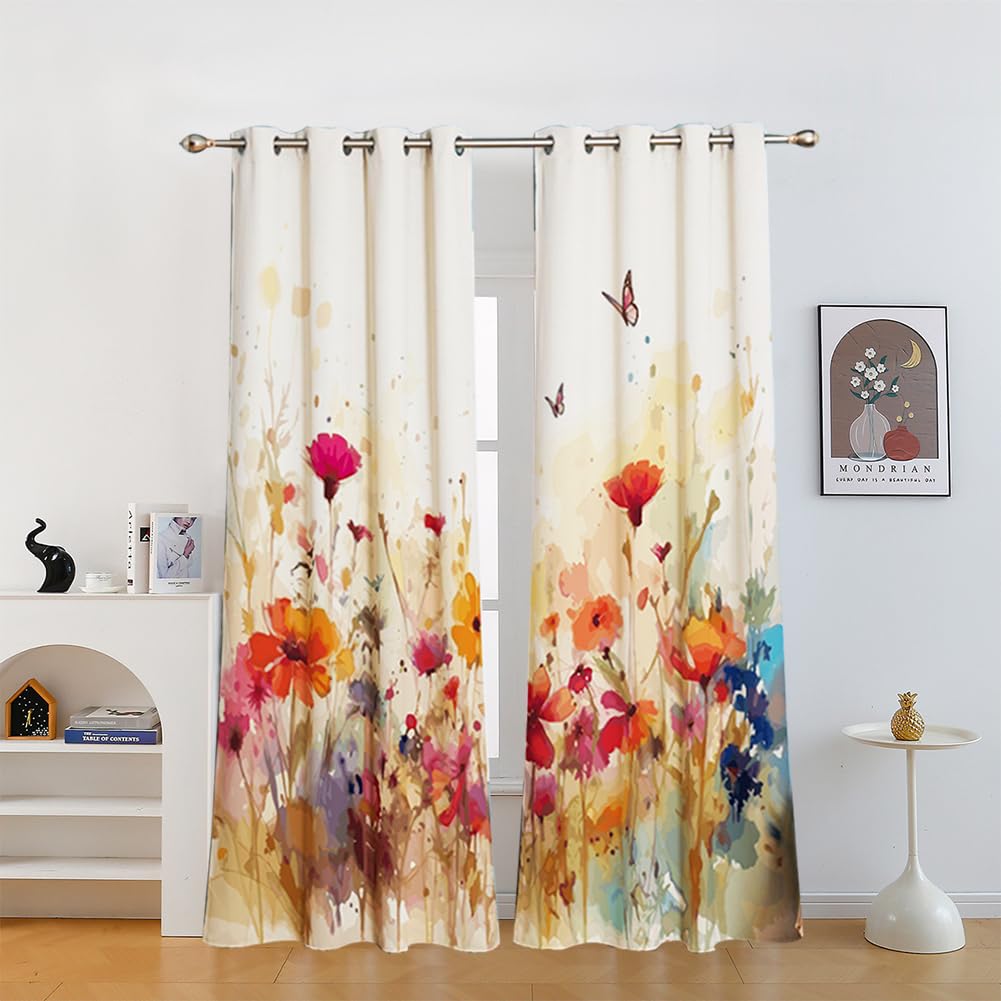 ZBOOM Blumen Vorhänge, Bunt Aquarell Blume mit Ösen Gardinen mit Blickdichte Thermo Vorhang Kälteschutz Blackout Curtain Mädchenzimmer Verdunkelung Fenster, 2 Stück, H 210 x B 132 cm
