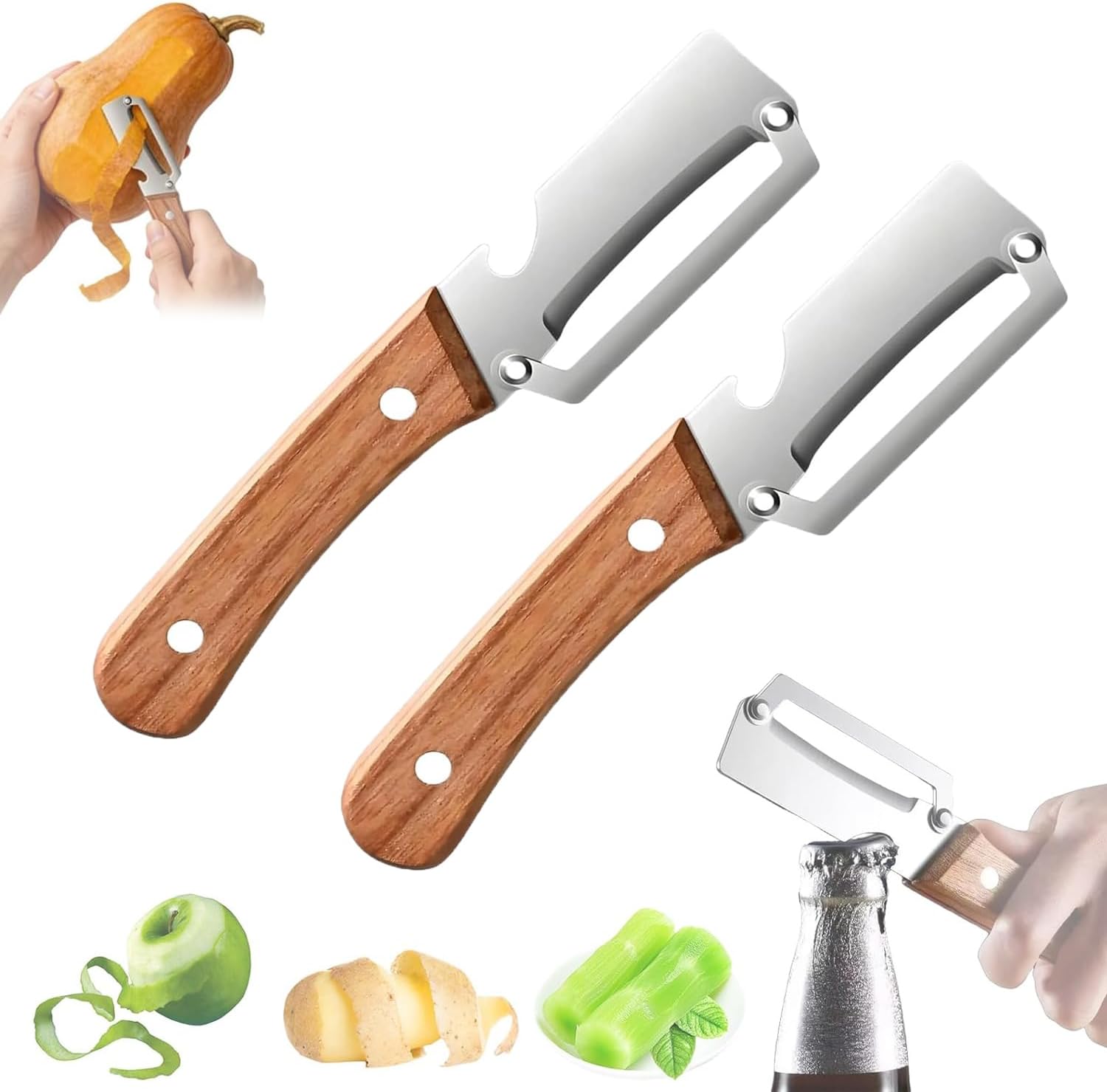 2 in 1 Multi Functional Vegetable Peeler with Bottle Opener and Wooden Handle Stainless Steel Blade Kitchen Tool for Sugar Cane Potato Fruit Pineapple Pumpkin Papaya Carrot Veggie Peeler (2PCS)