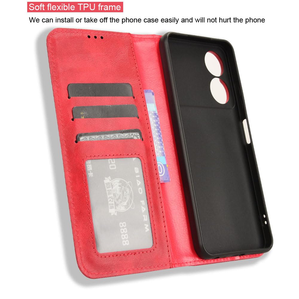 COMAKU Compatible with ZTE Blade A34 Case Leather - Flip Cover Protection magnetic Phone Case wallet with Card Holder - Red - Image 3