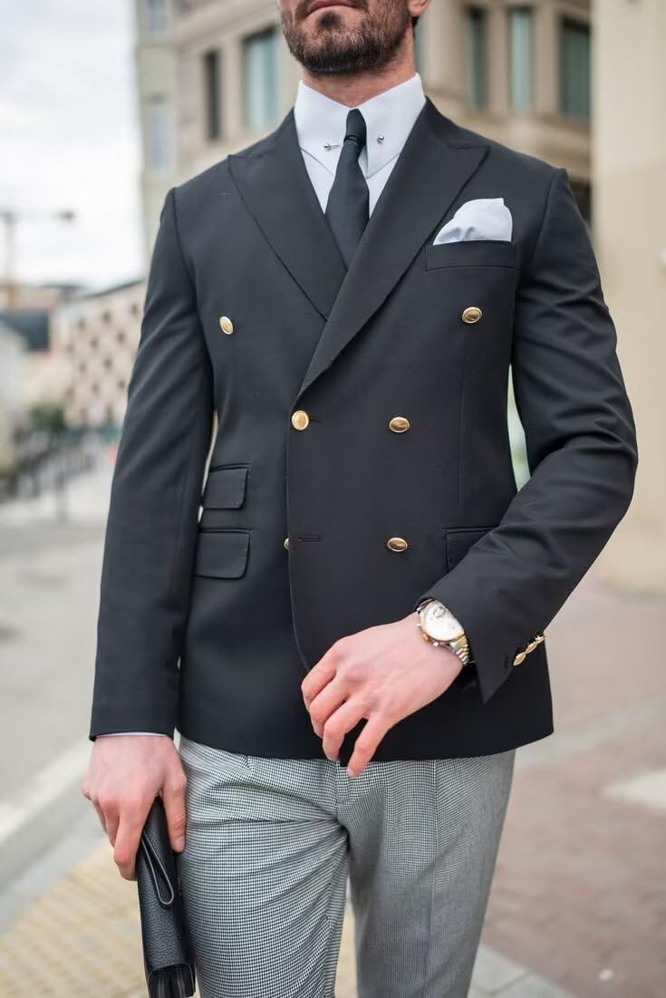 Mens Blazer Gold Buttons Jacket Slim Fit Double Breasted Sport Coat Business Wedding Party Jacket Suit