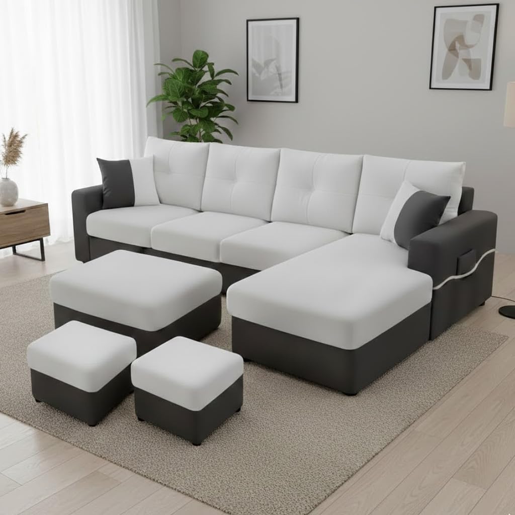 FURNY Astoria 8 Seater Fabric RHS L Shape Sofa Set with 1 Centre Table & 2 Puffy (Light Grey-Dark Grey) Premium Velvet Finish | 8 Person Seating Capacity