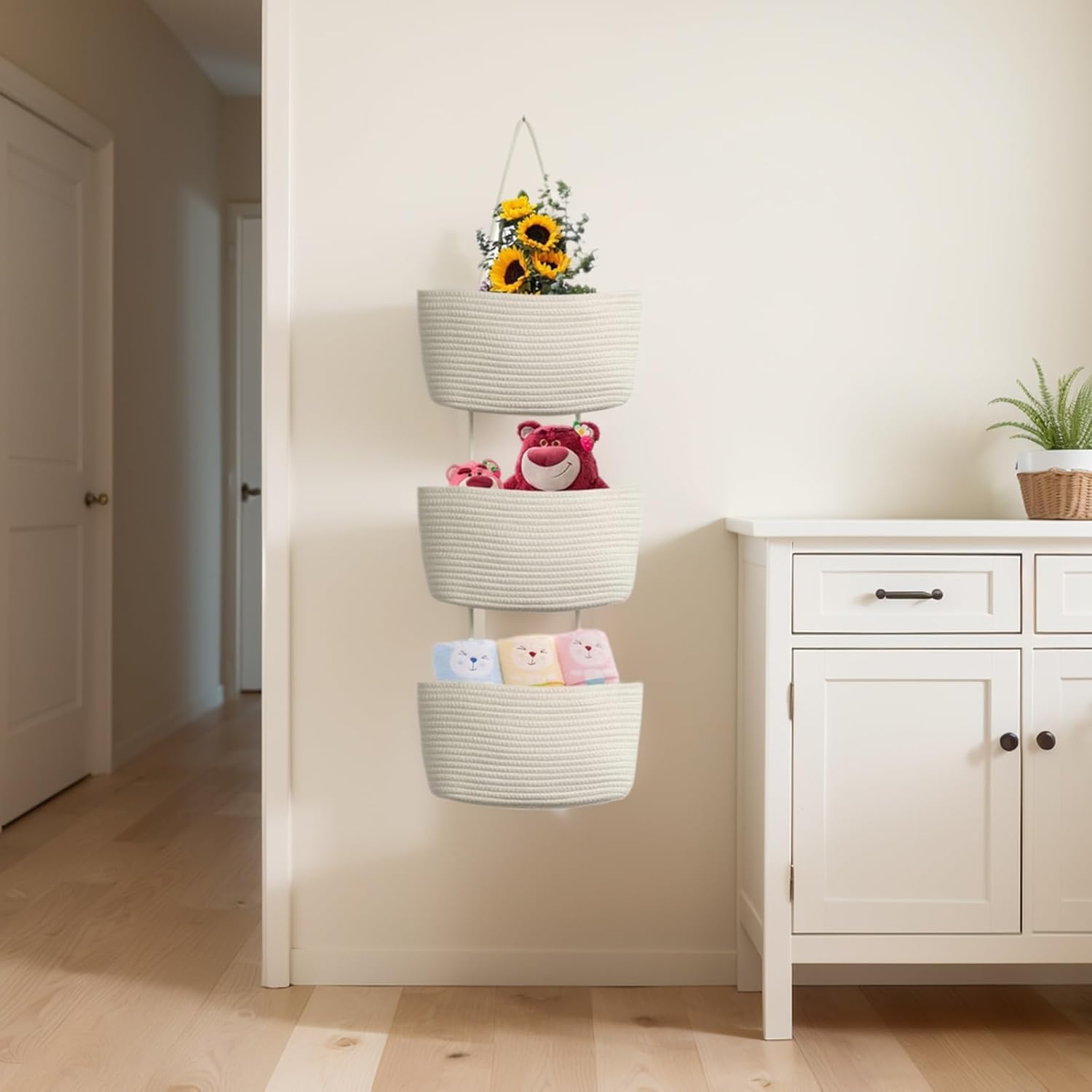 Hanging Baskets for Organizing,Over the Door Organizers and Storage,3-Tier Woven Cotton Wall-Mounted Storage Organizer Bag Decorative,Kitchen,Living Room,Bathroom,Bedroom,White
