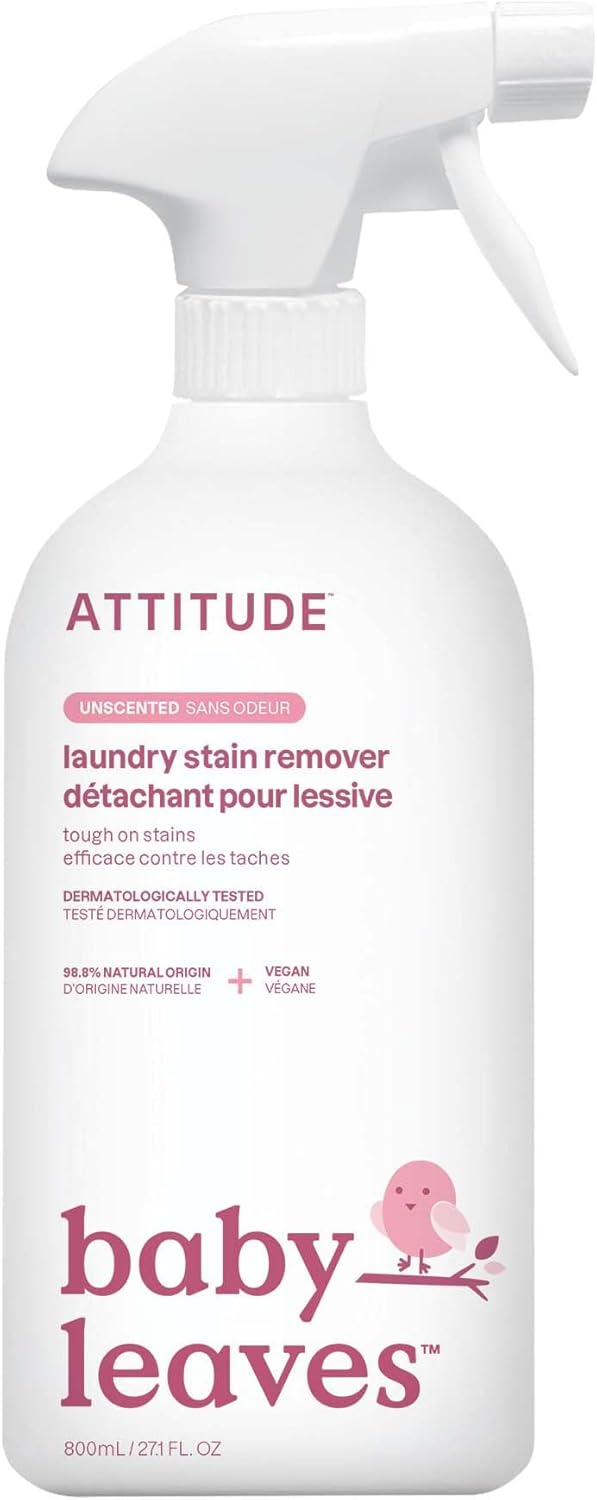 ATTITUDE Baby Laundry Stain Remover Spray - Unscented, 98% Natural Vegan Formula, Safe for Delicates & Cloth Diapers, 27.1 Fl Oz