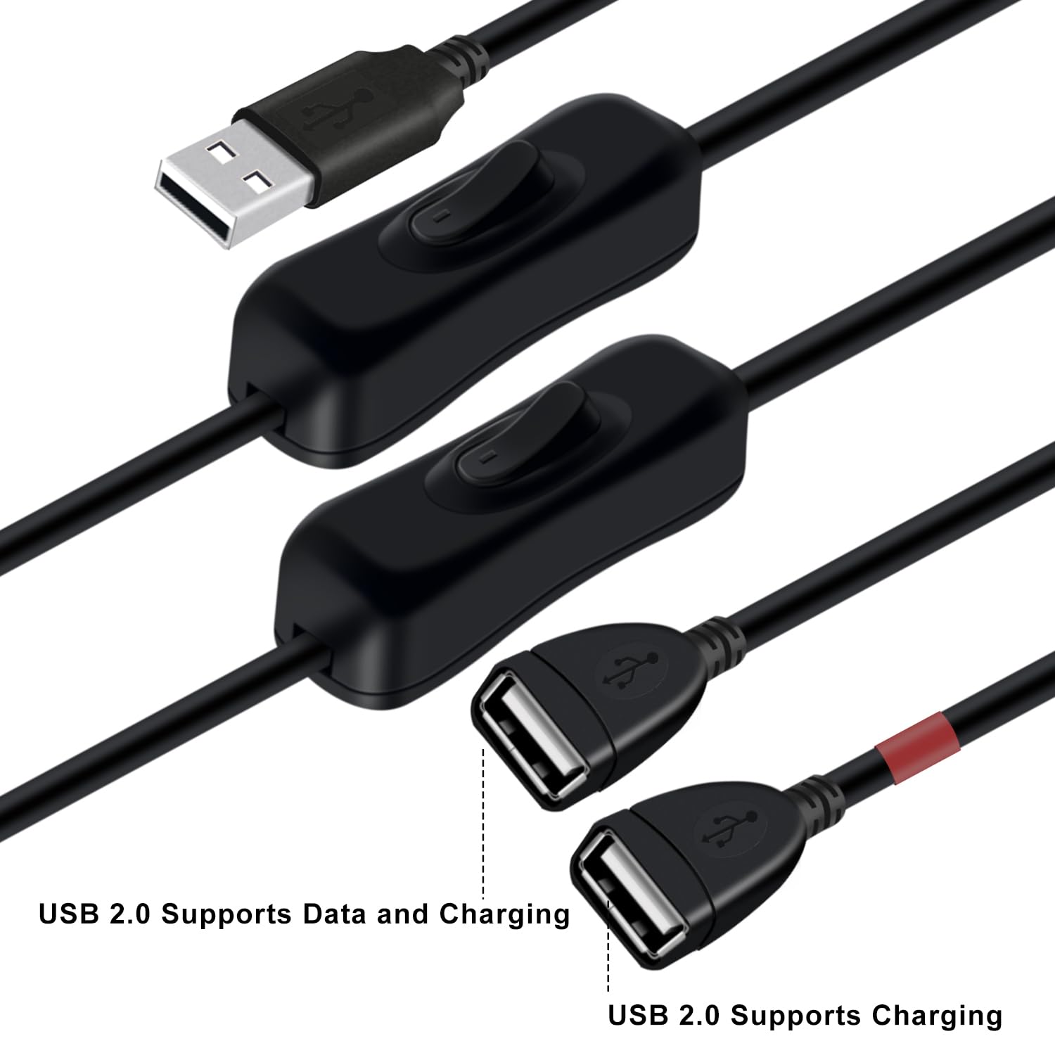 Cavo Splitter USB Con Interruttore: Da 1 Maschio A 2 Femmine, Un Cavo Per Dati E Uno Solo Per Alimentazione. Ideale Per Ventole E Luci LED (0,3m). - 3