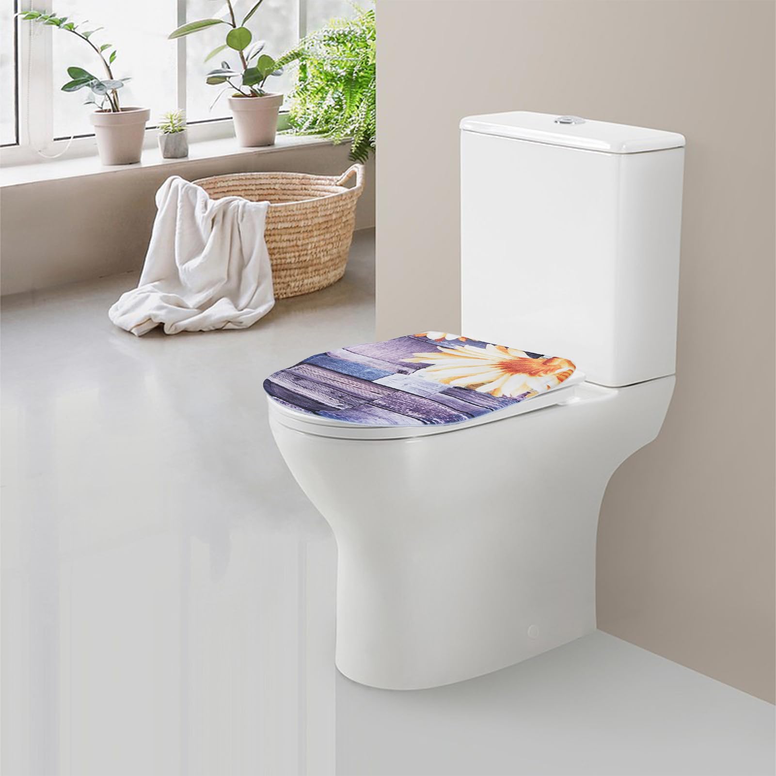 NICENEEDED Polyester Toilet Lid Cover, Wood Print Sunflower Toilet Lid Covers Soft Toilet Seat Cover - Image 3