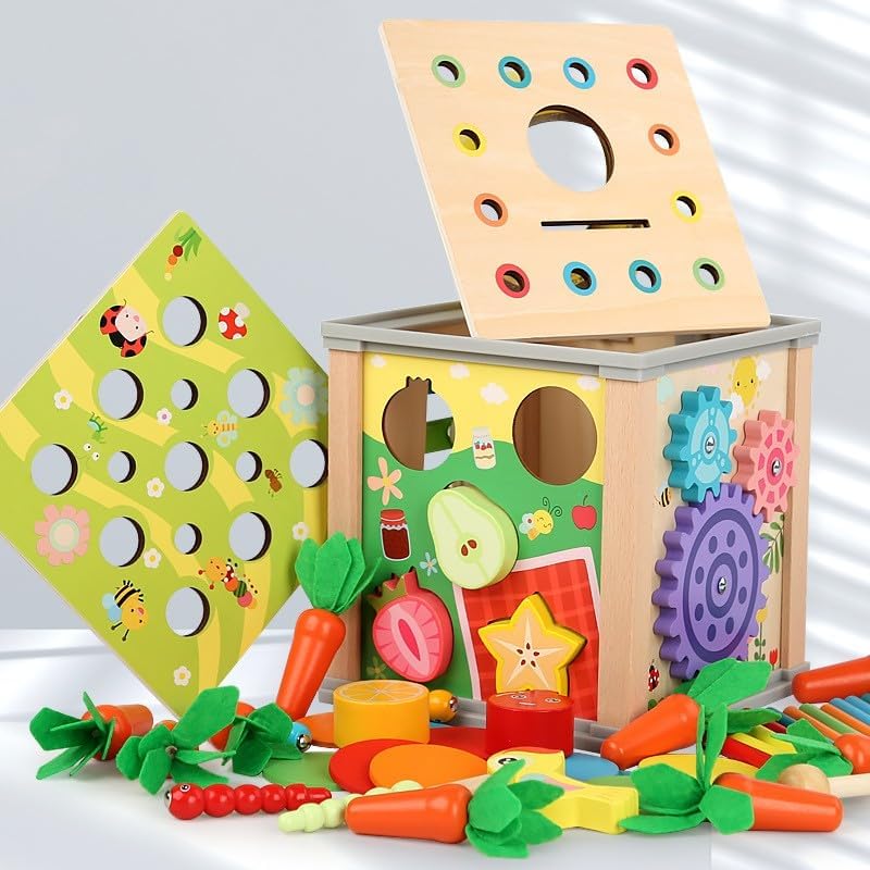 Pyinlon Juguetes Montessori de madera 9 en 1 para niños de más de 1 año, juguetes de clasificación de formas y apilamiento para niños pequeños, cubo