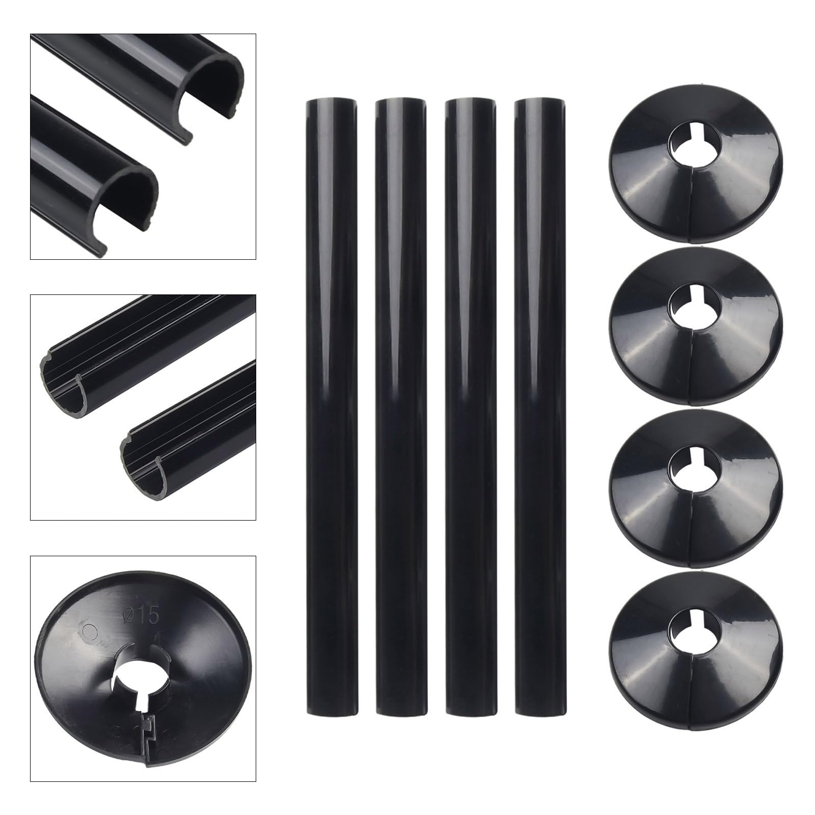 E2trade Black 15mm Radiator Pipe Hole Collars Cover Radsnaps (Pack of 6 Collar & Sleeve) Black - Image 2