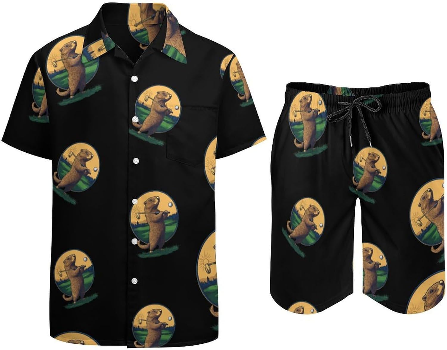 Groundhogs Golf Lover Men's Summer Beach 2 Piece Outfits | hawaiian button down shirt and shorts,vacation cruise,mens bathing suit