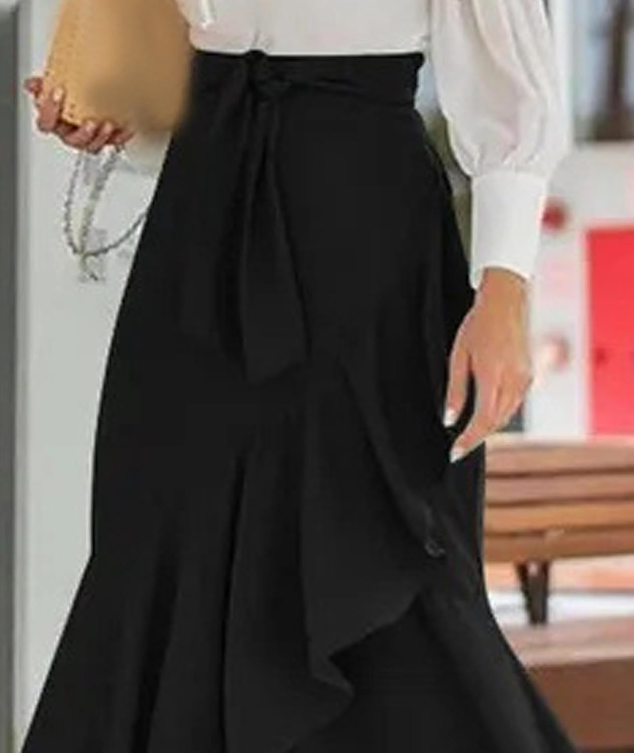 SEMATOMALA Women's Casual Plaid Mermaid Maxi Skirt A Line Irregular Ruffle Hem Fishtail Long Skirt Spring Summer - Image 3