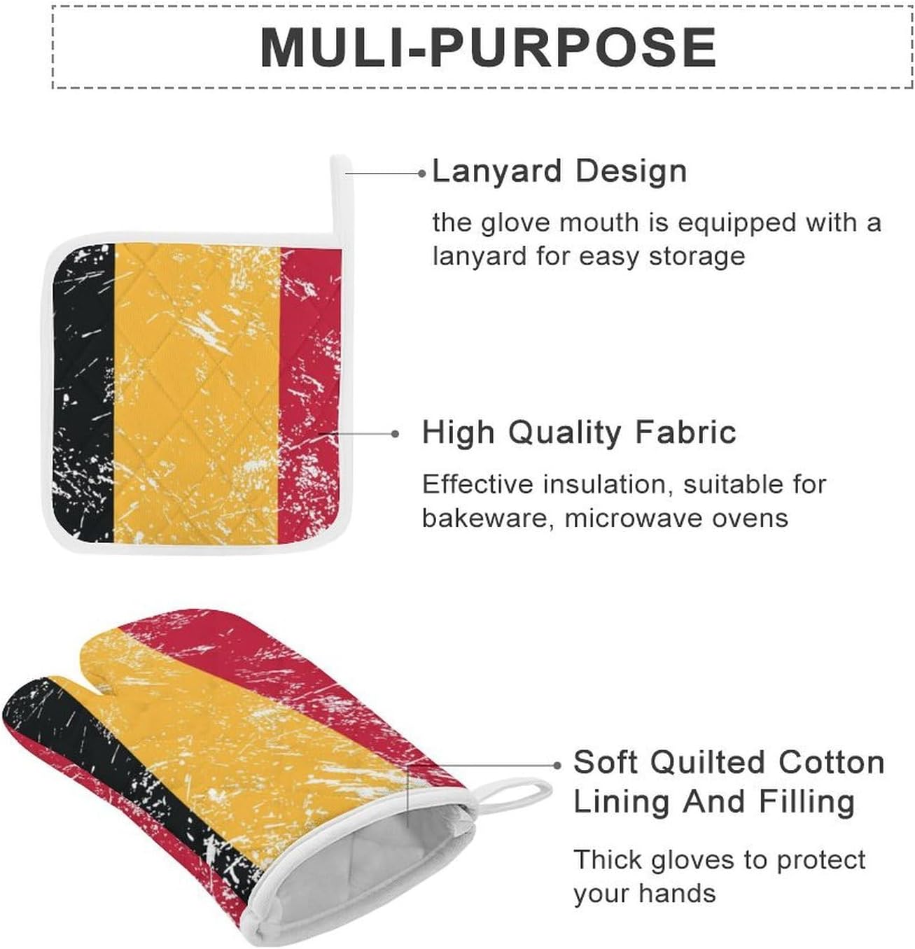 Vintage Belgium Flag Oven Mitts and Pot Holders 4Pcs Set Heat Resistant Cooking Mitts Hot Pads