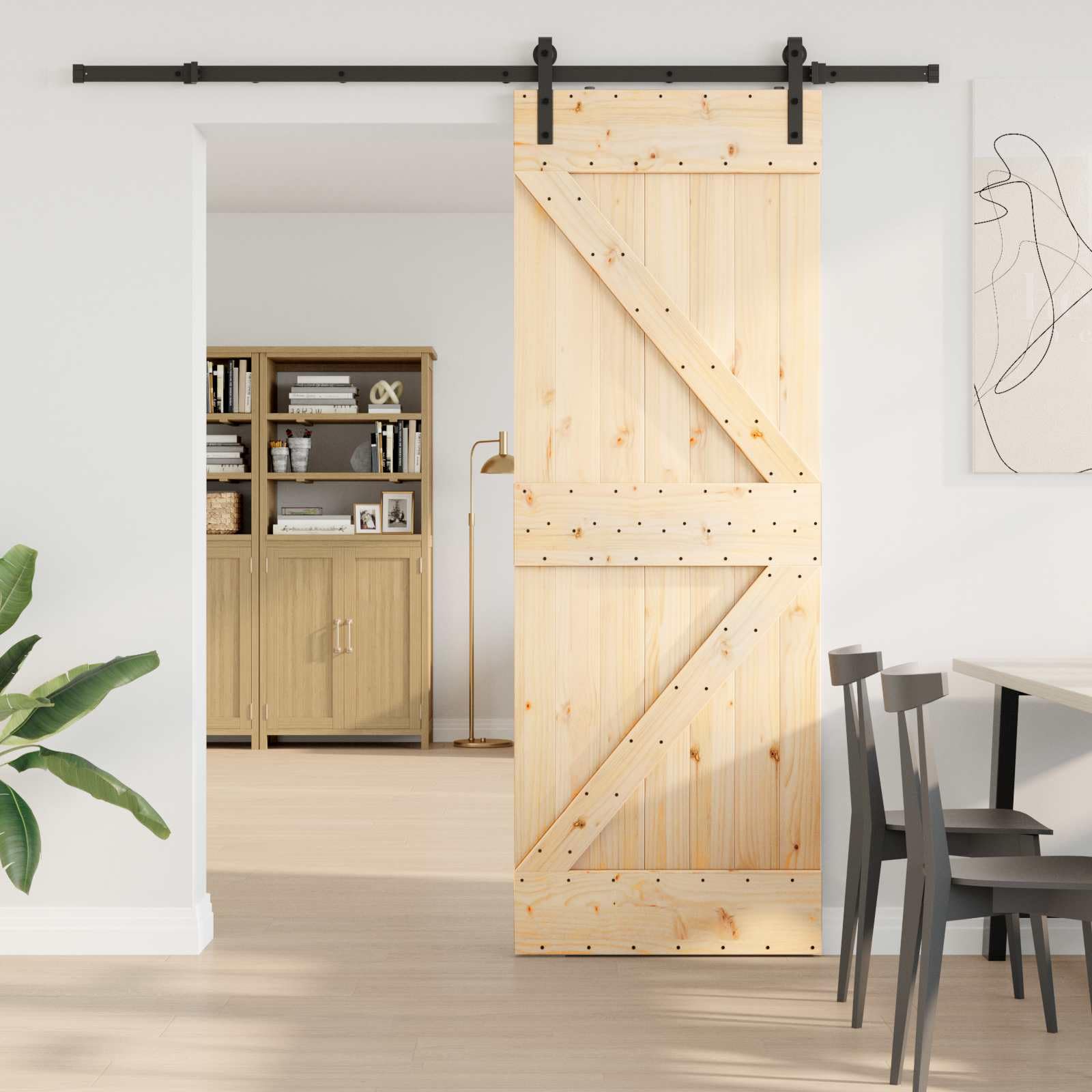 Puerta corredera Narvik natural y negra 213,5 cm | Madera de pino maciza, guía de acero, diseño que ahorra espacio, para interiores