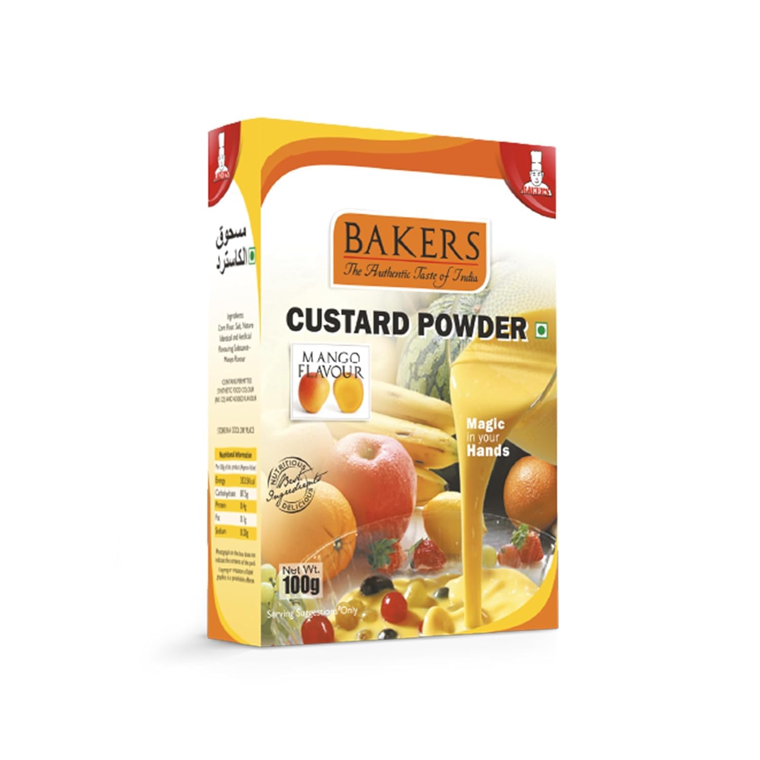 BAKERS Custard Powder | Mango Flavor | (100g x 4, 400g) | Contains No Eggs | Long Shelf Life | Makes Smooth, Creamy, Testy & Juicy Custard | Quick & Easy to Make |Best For Fruit Salads & Puddings