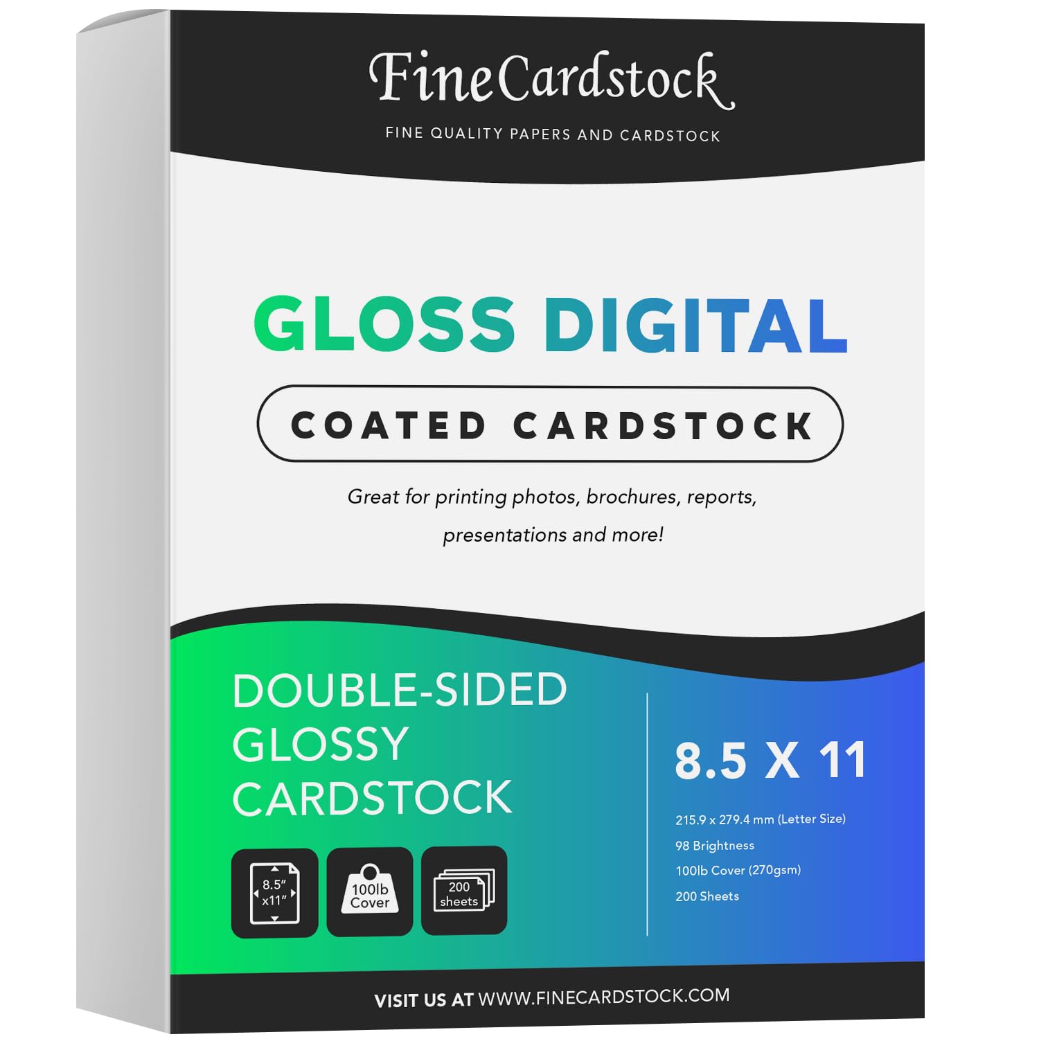 Double-Sided Heavyweight Gloss Digital C2S Cardstock – Perfect for Color Laser Printing, Flyers, Brochures, Photos | 8.5" x 11" | 100lb Cover | Acid