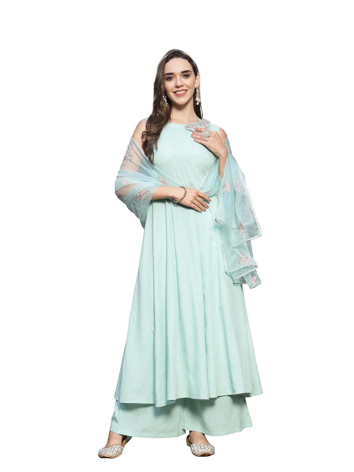 Stylum Women's Solid & Embellished Rayon Flared Kurta Palazzo Dupatta Set (Kpdskypurvi36_Sky Blue, S)