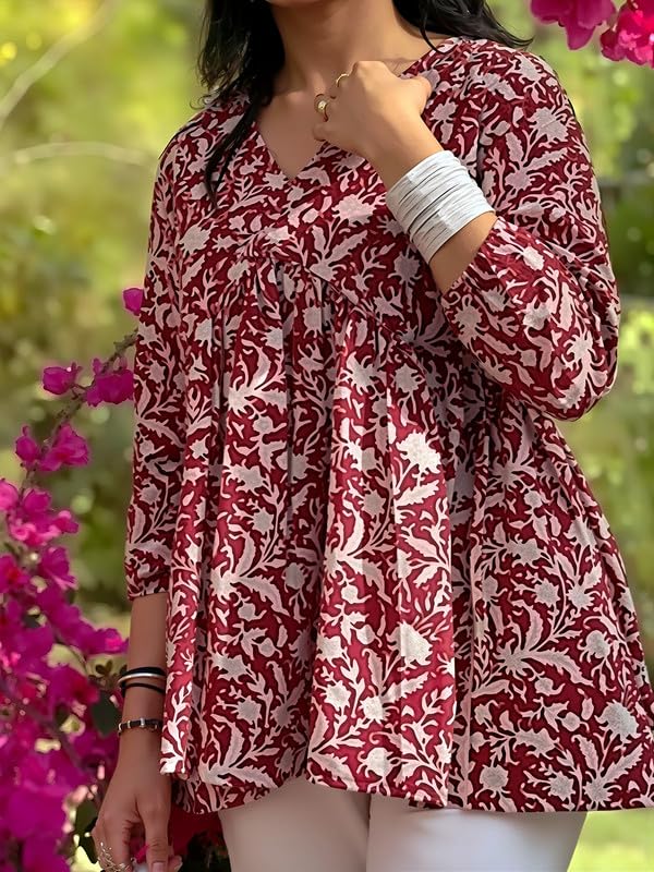 Image of Dream Beauty Fashion Women's Printed Tunic Top /Short Kurti with Long Sleeve V-Neck -23 inch Inches (Tunic-Top)