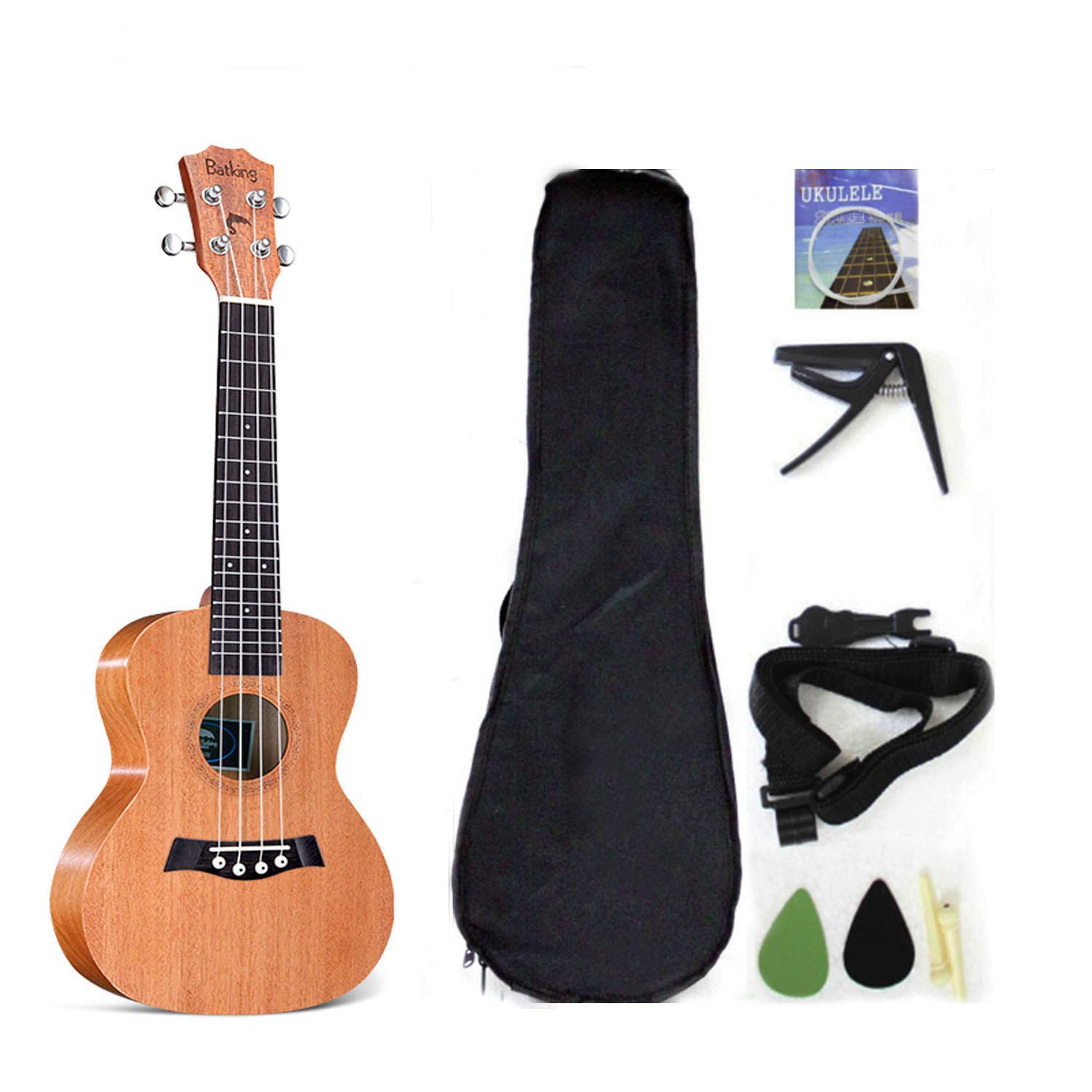 Ukulele soprano con parte superiore in mogano, 53,3 cm, con accessori per ukulele con custodia, tracolla, corda in nylon, accordatore elettrico, plettri