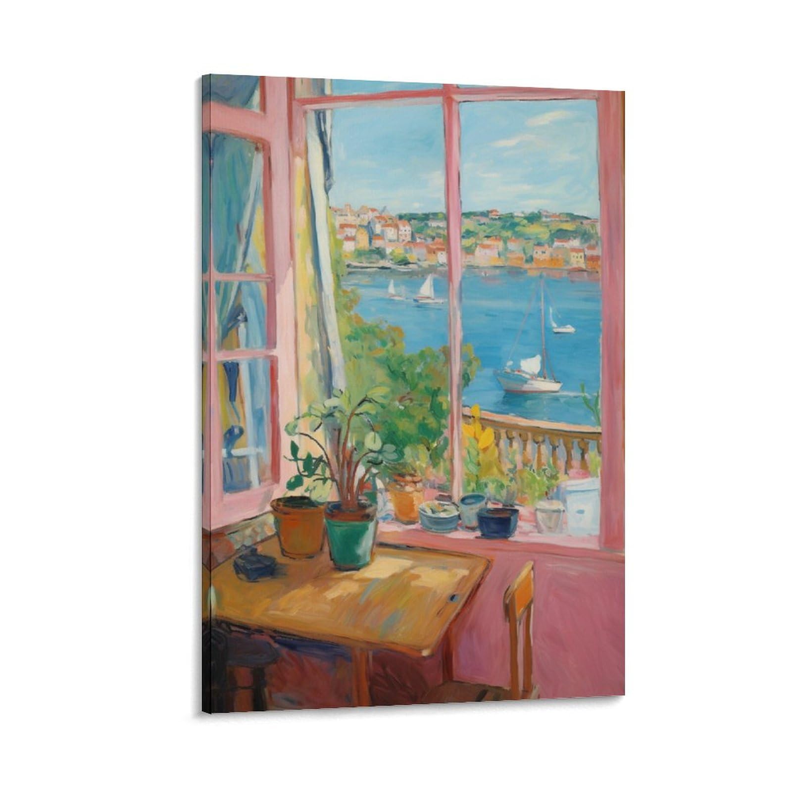 AYAROS Vintage Scenery Canvas Wall Art for Bedroom Ocean View Outside The Window Wall Decor Poster for Room Aesthetic Framed 08x12 inch