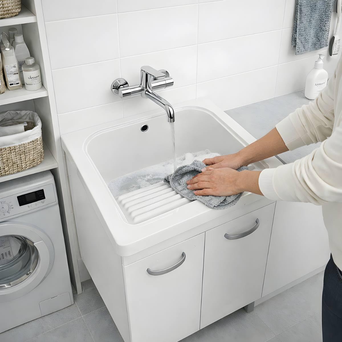 Mobile LAVATOIO Ceramica 60 x 60 x H 86 DOMINA Design Bianco Incluso di PILETTA in Acciaio E SIFONE Pilozza Profonda 33 cm con strizzatoio